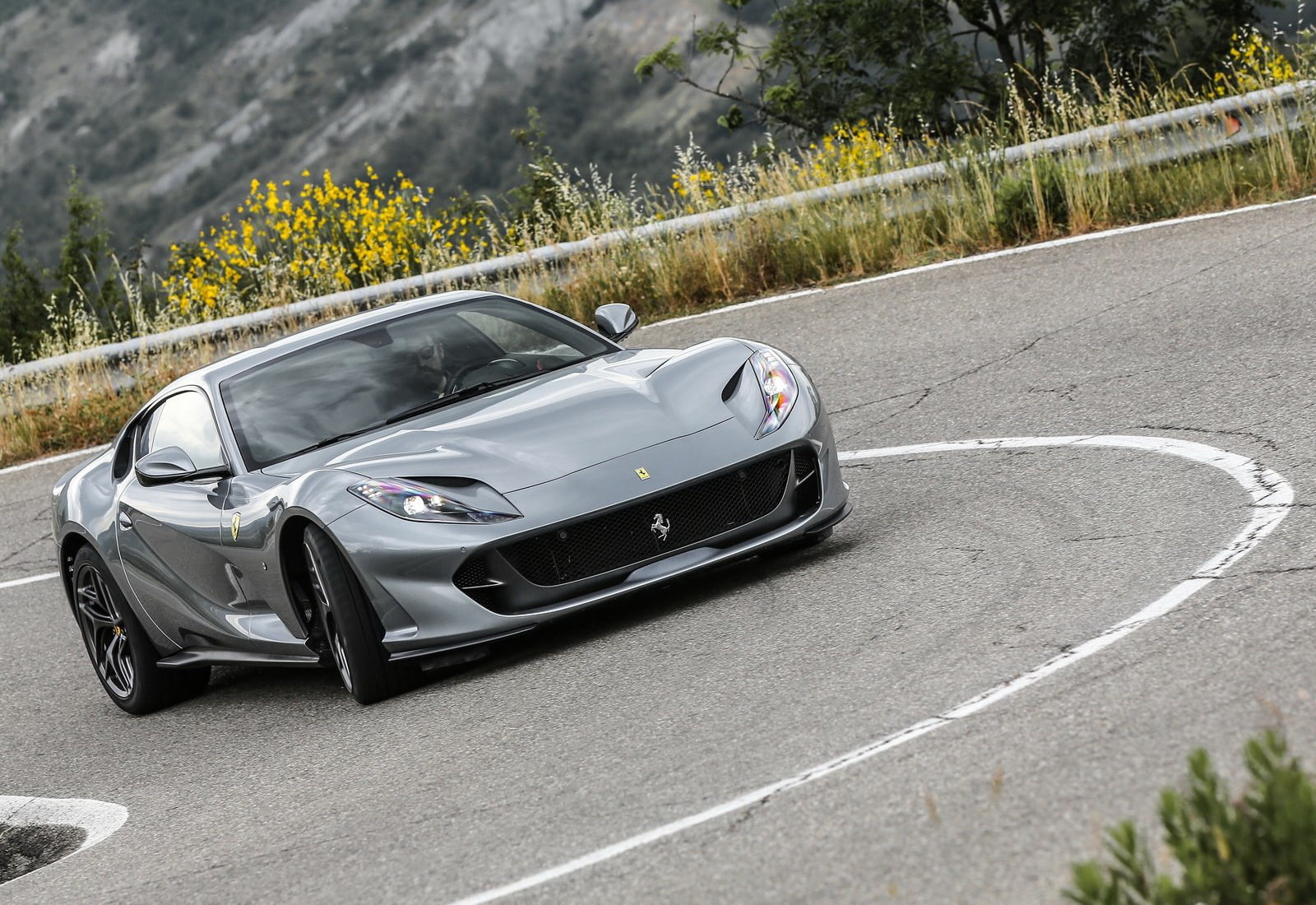day, marking, crash barrier, land vehicle, asphalt, ferrari, travel, no people, motor vehicle, symbol, racecar, outdoors, (2018), plant, road, road marking, HD Wallpaper