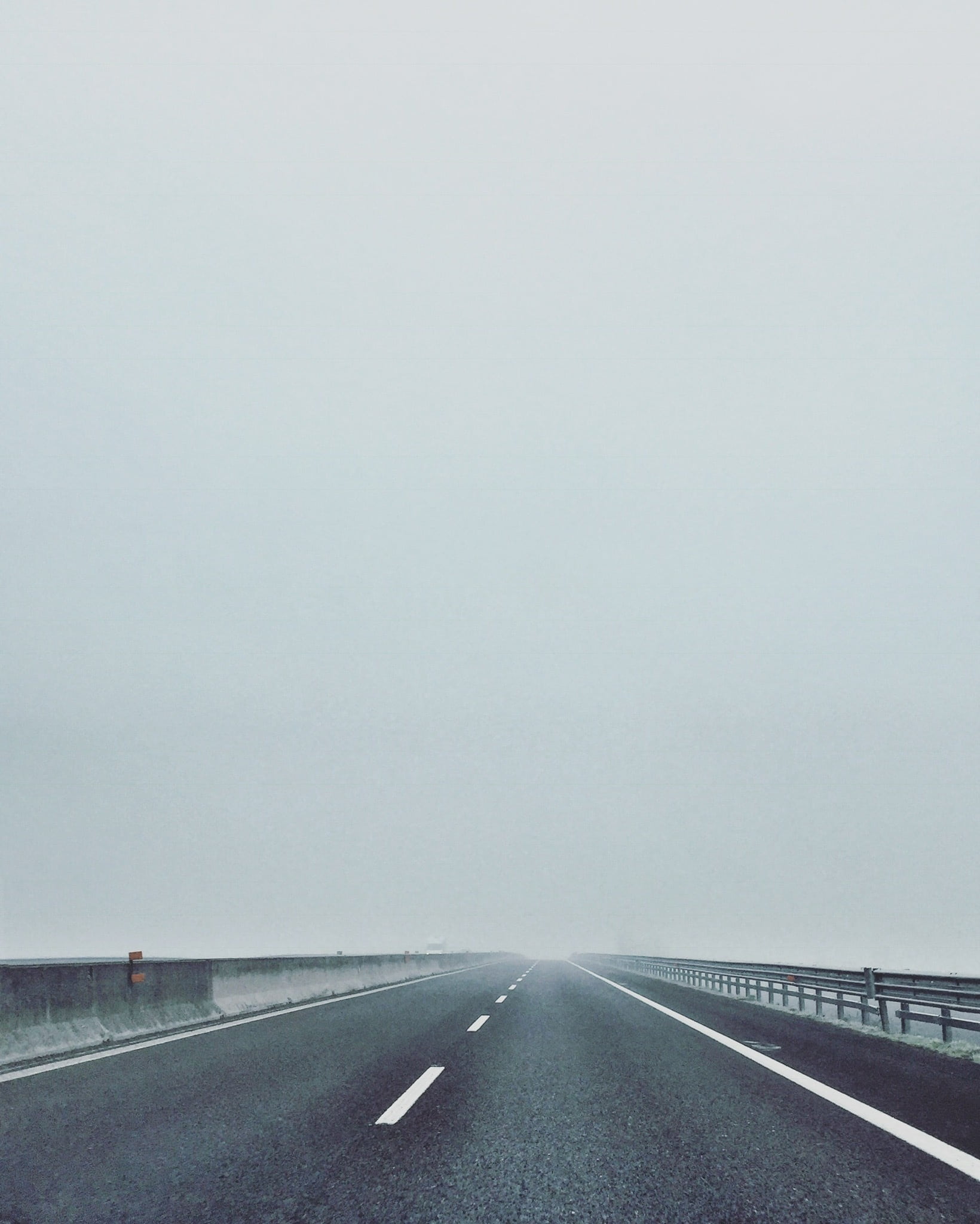 transportation, empty, marking, day, bridge, clear sky, no people, empty road, road, concrete, highway, road trip, fog, diminishing perspective, foggy, Phone HD Wallpaper