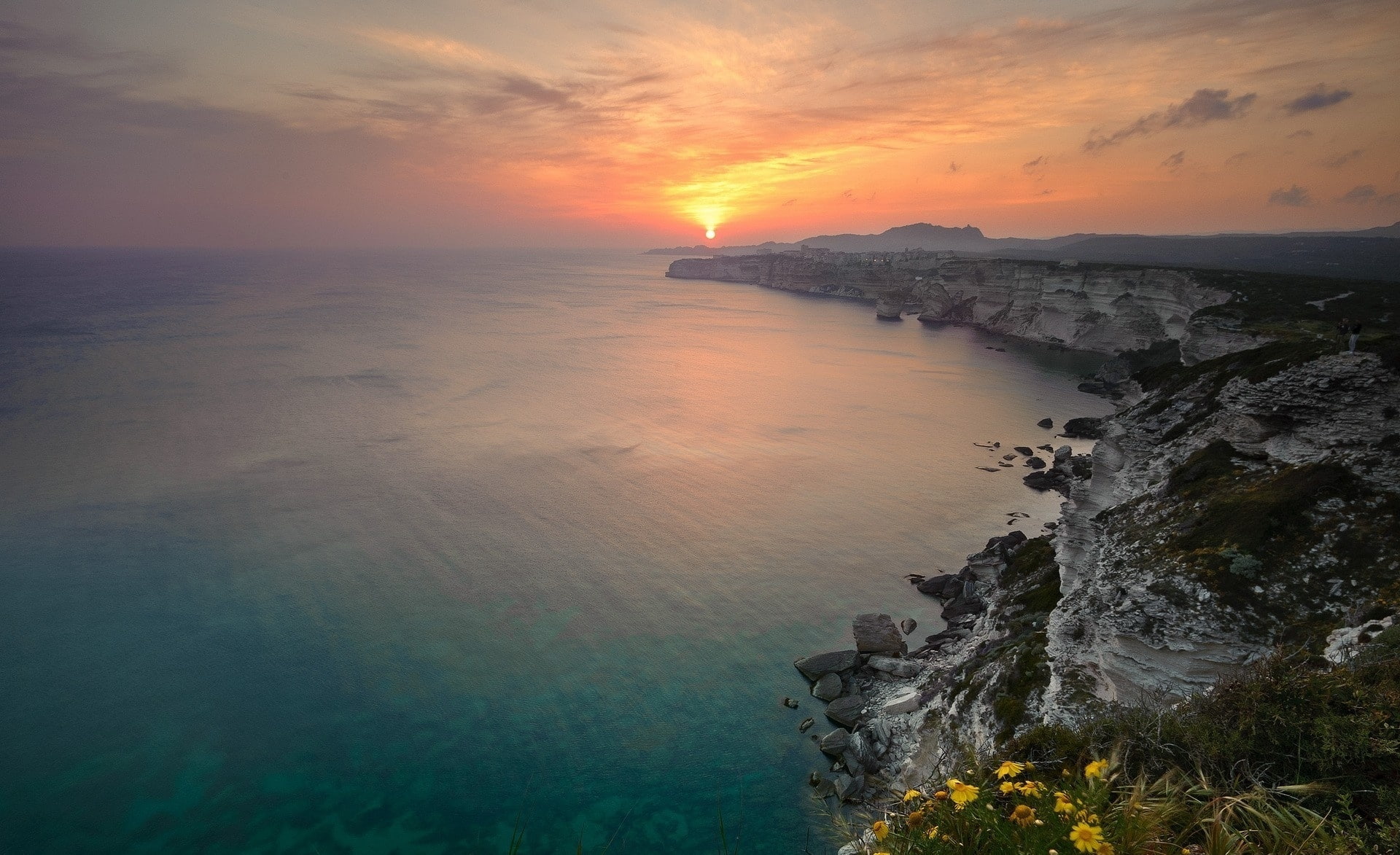 beauty in nature, land, tranquil scene, orange color, solid, rock, sunset, sea, Nature, tranquility, no people, outdoors, ocean, rocky coastline, non-urban scene, HD Wallpaper