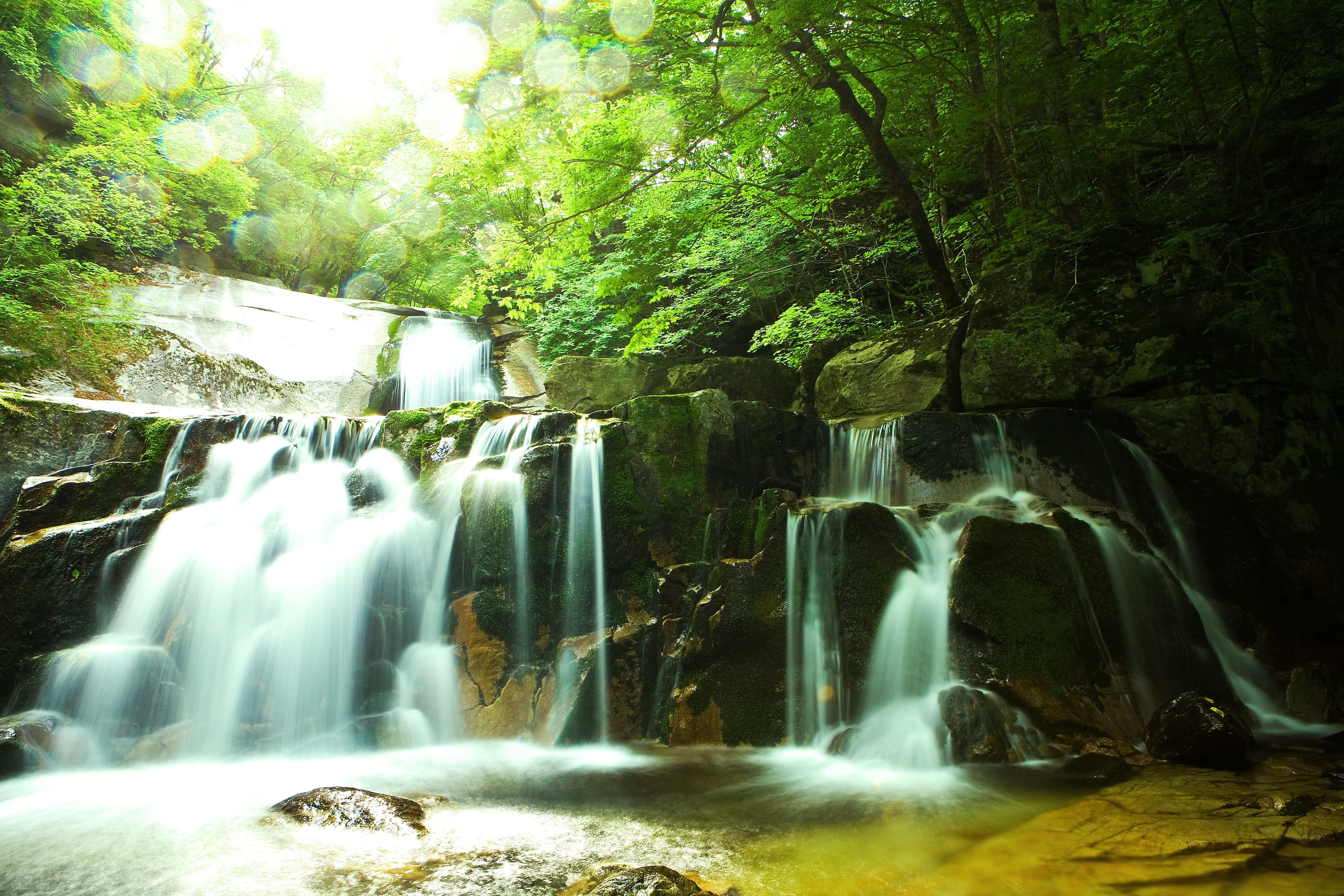 green, splashing, shaggy, waterfall, long exposure, flowing water, power in nature, scenics - nature, beauty in nature, forest, river, landscape, falling water, HD Wallpaper