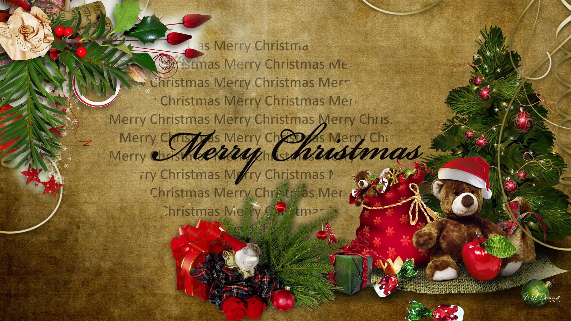 spruce, decorations, tree, 1080P, vintage, feliz navidad, candy, christmas, look, parchemnt, pine, gifts, HD Wallpaper