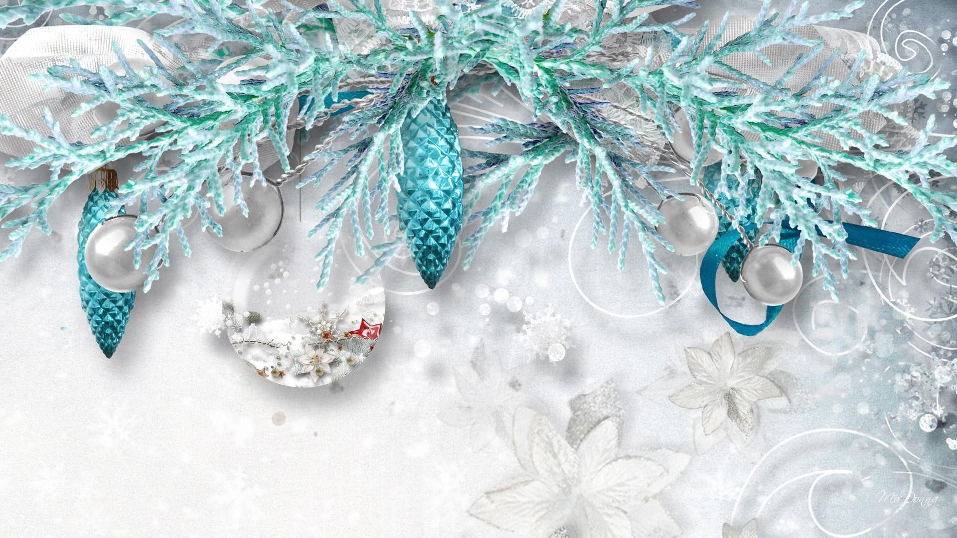 cyan, decorations, feliz navidad, flowers, 1080P, frost, snow, poinsettia, aqua, christmas, cedar, cold, nature and, HD Wallpaper