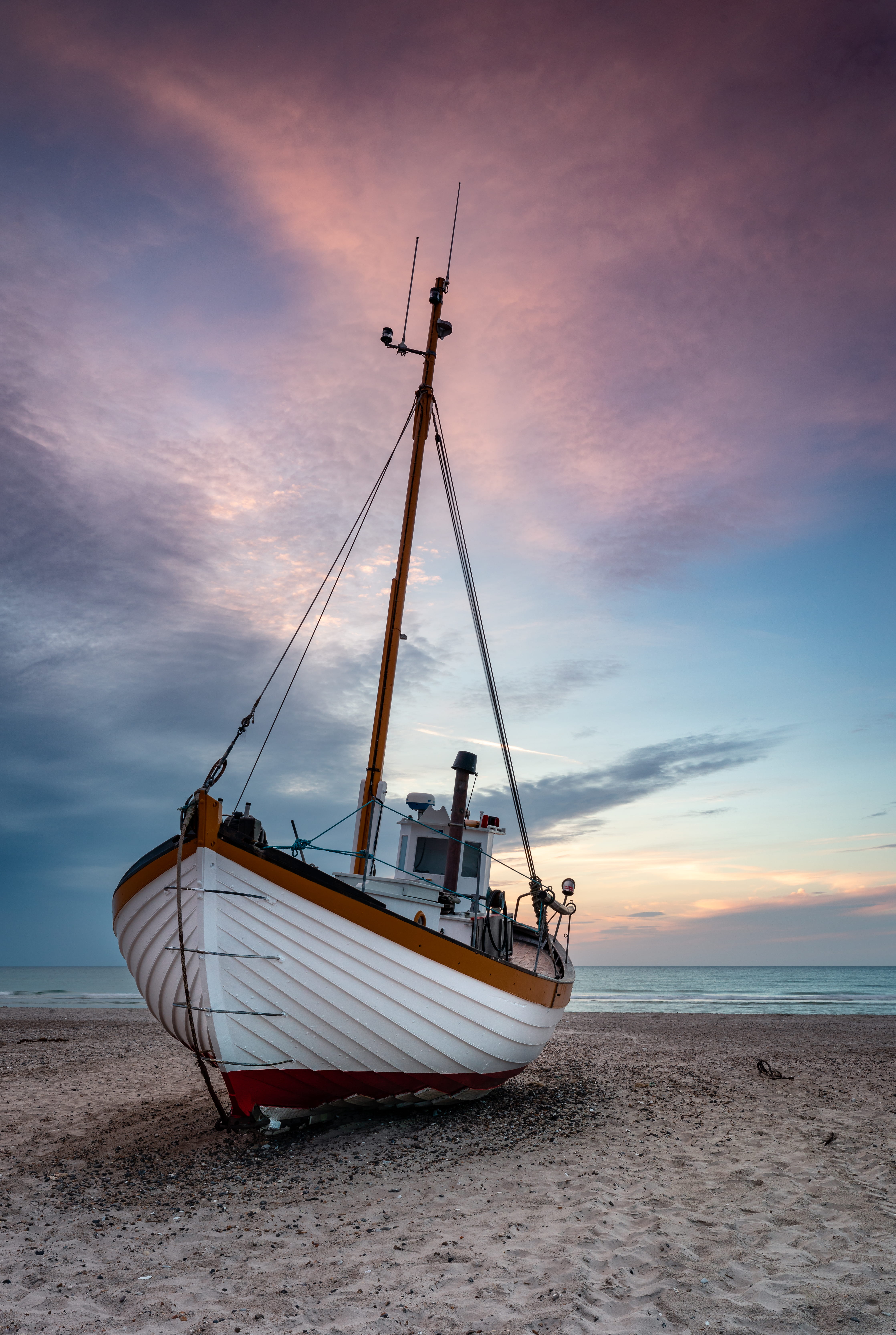 ship, sunset, horizon over water, water, sea, north sea, scenics - nature, no people, land, colorful, denmark, transportation, tranquil scene, outdoors, Phone HD Wallpaper