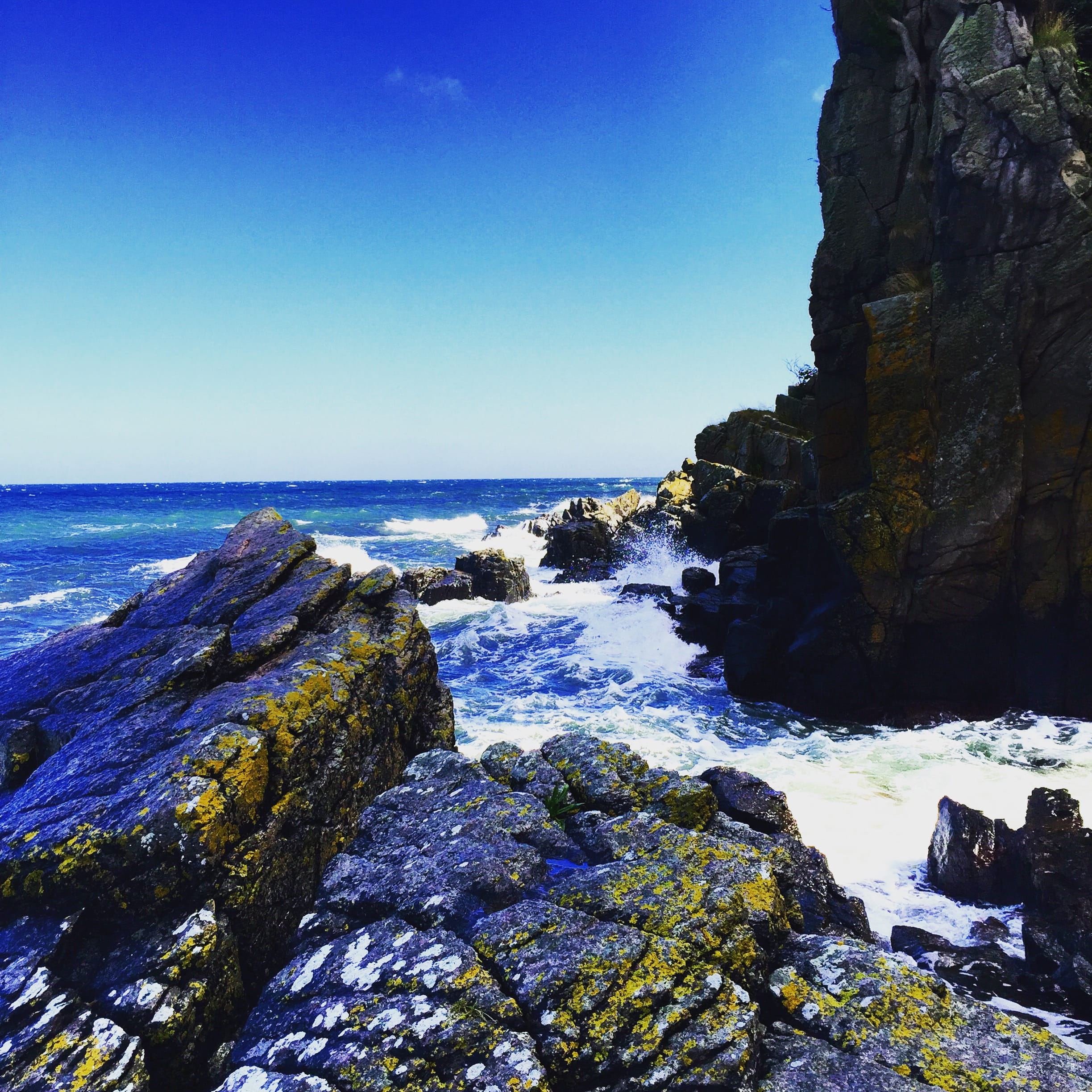 island, rocks, rocky coastline, clear sky, rock formation, tranquil scene, danmark, sea, solid, horizon over water, sky, outdoors, horizon, beauty in nature, Phone HD Wallpaper
