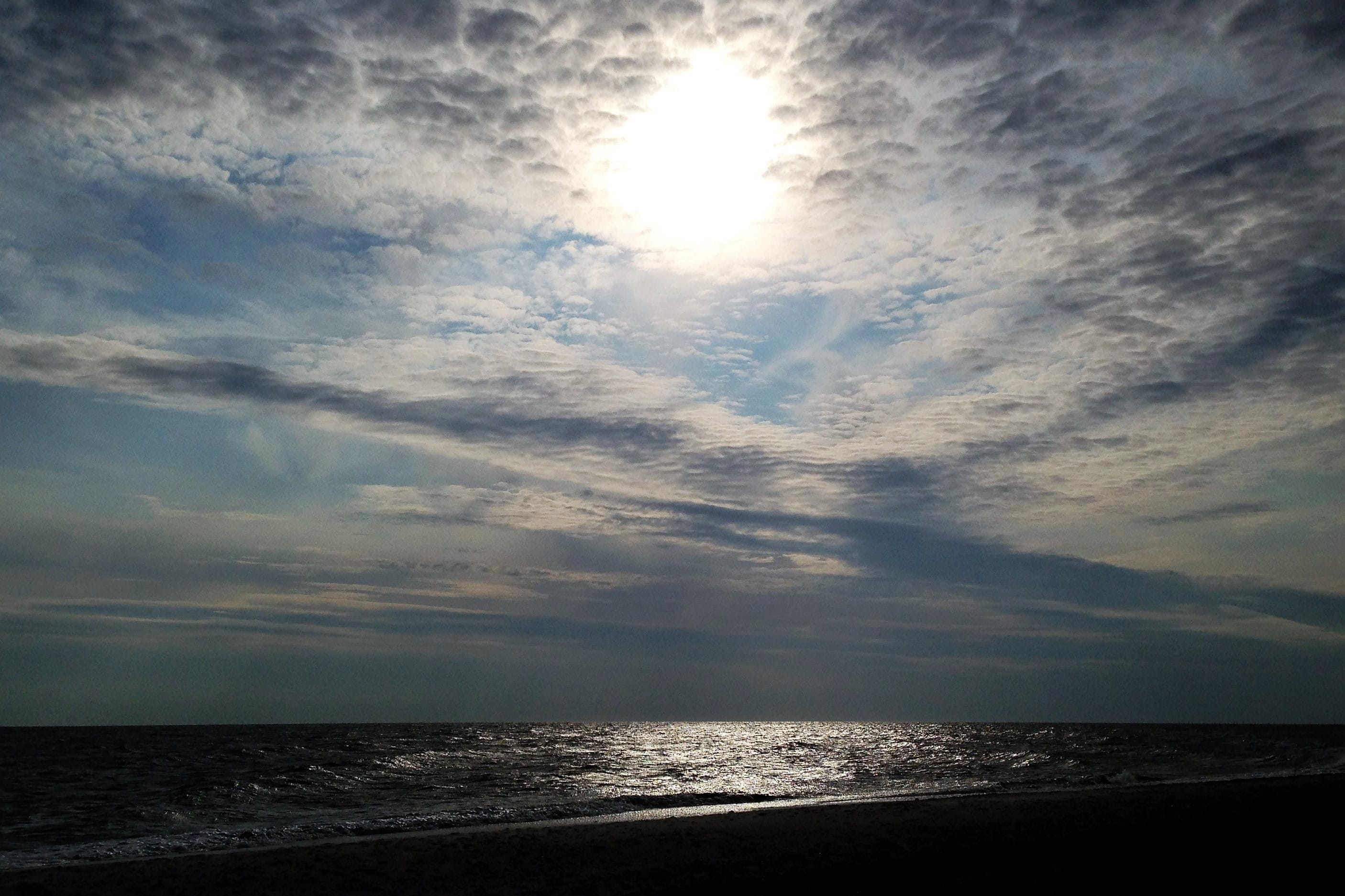 water, night, sky, land, bright, dannemare, horizon over water, sunlight, tranquility, clouds, danmark, outdoors, idyllic, sea, dark, sun, horizon, 2K, HD Wallpaper