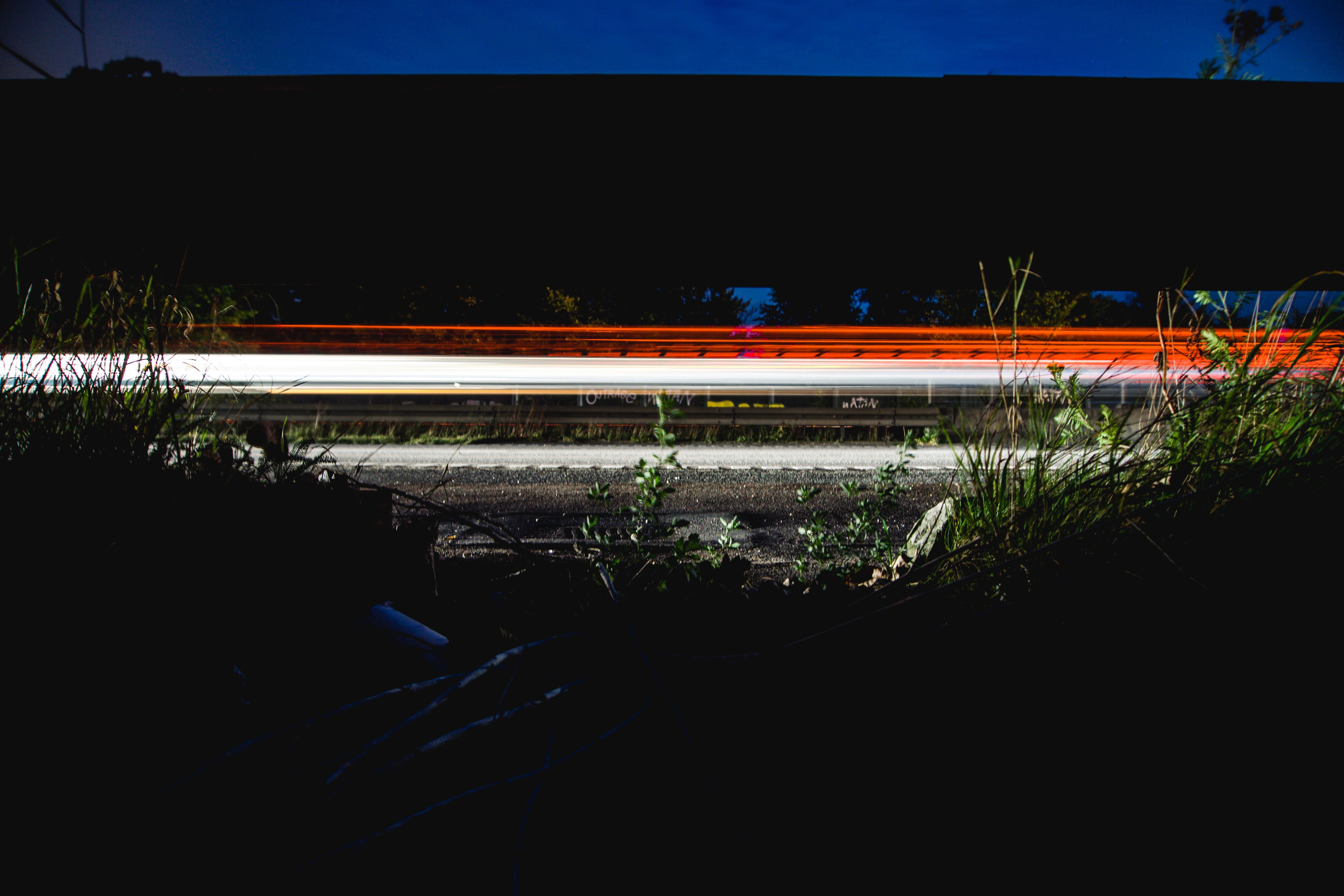 no people, highway, built structure, night, light, light trail, train, dark, billboard, plant, danmark, denmark, illuminated, bridge - man made structure, HD Wallpaper