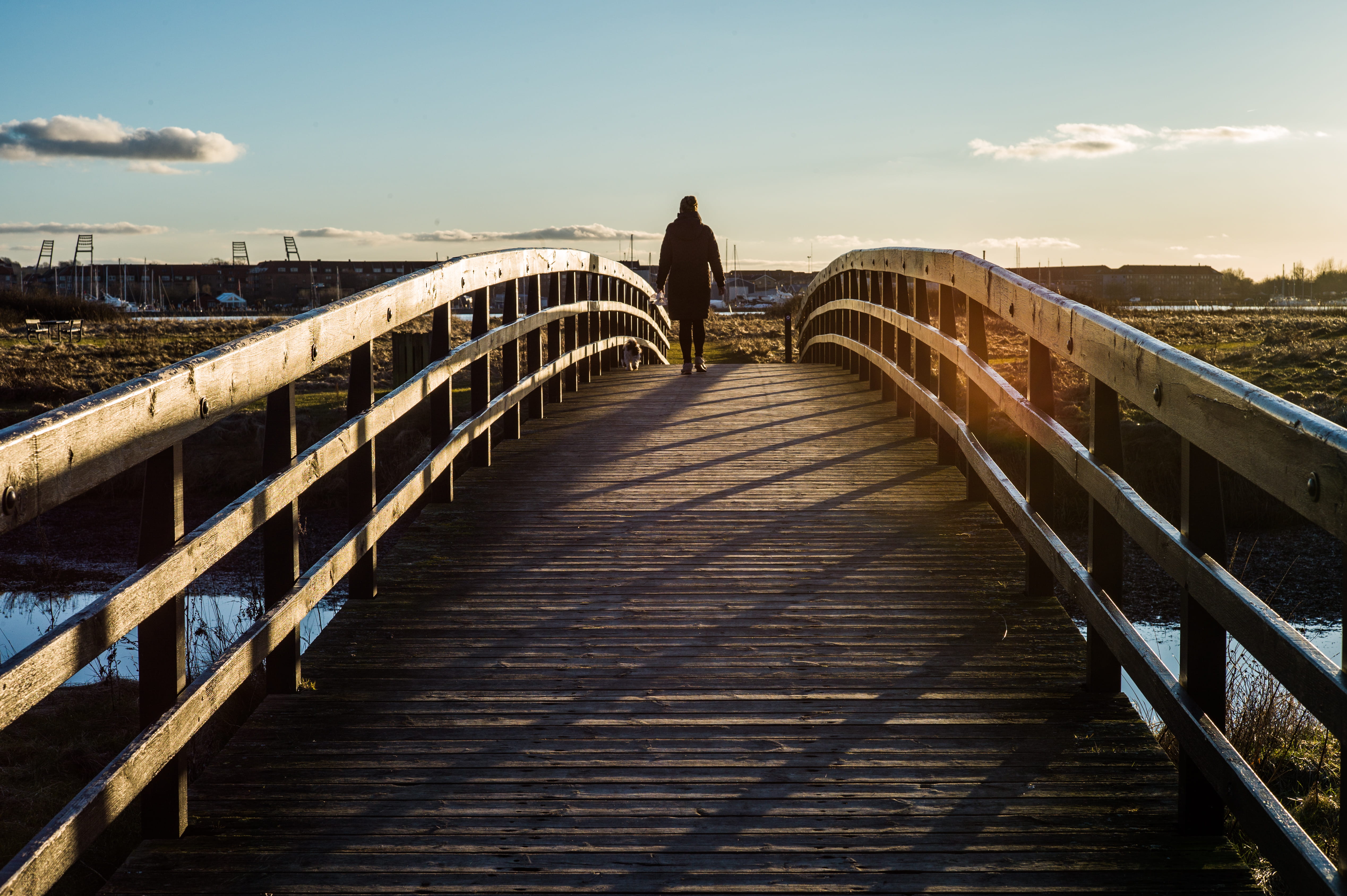direction, boardwalk, nature, wood - material, bridge, cloud - sky, path, human, dinamarca, gold, winter lights, railing, built structure, person, aalborg, HD Wallpaper