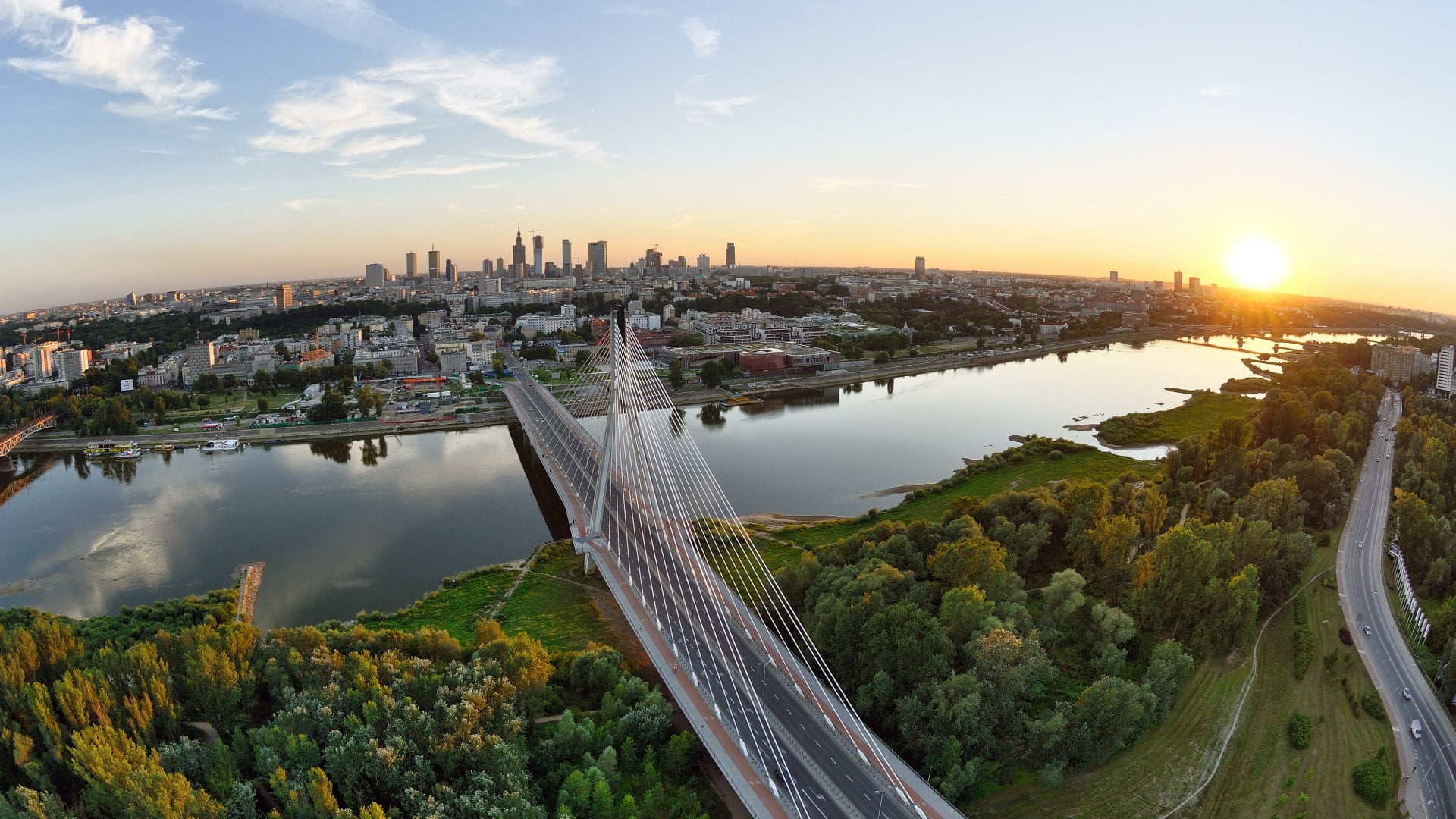 vistula, outdoors, sky, poland, transportation, cityscape, dawn, aerial photography, city, no people, vistula river, nature, architecture, tree, sunset, HD Wallpaper
