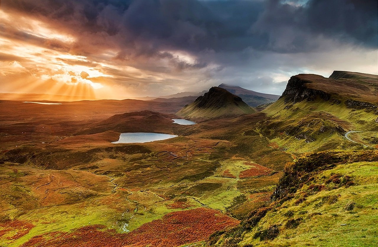 grass, 720P, road, creeks, hills, sky, landscape, lake, nature, sun rays, clouds, HD Wallpaper
