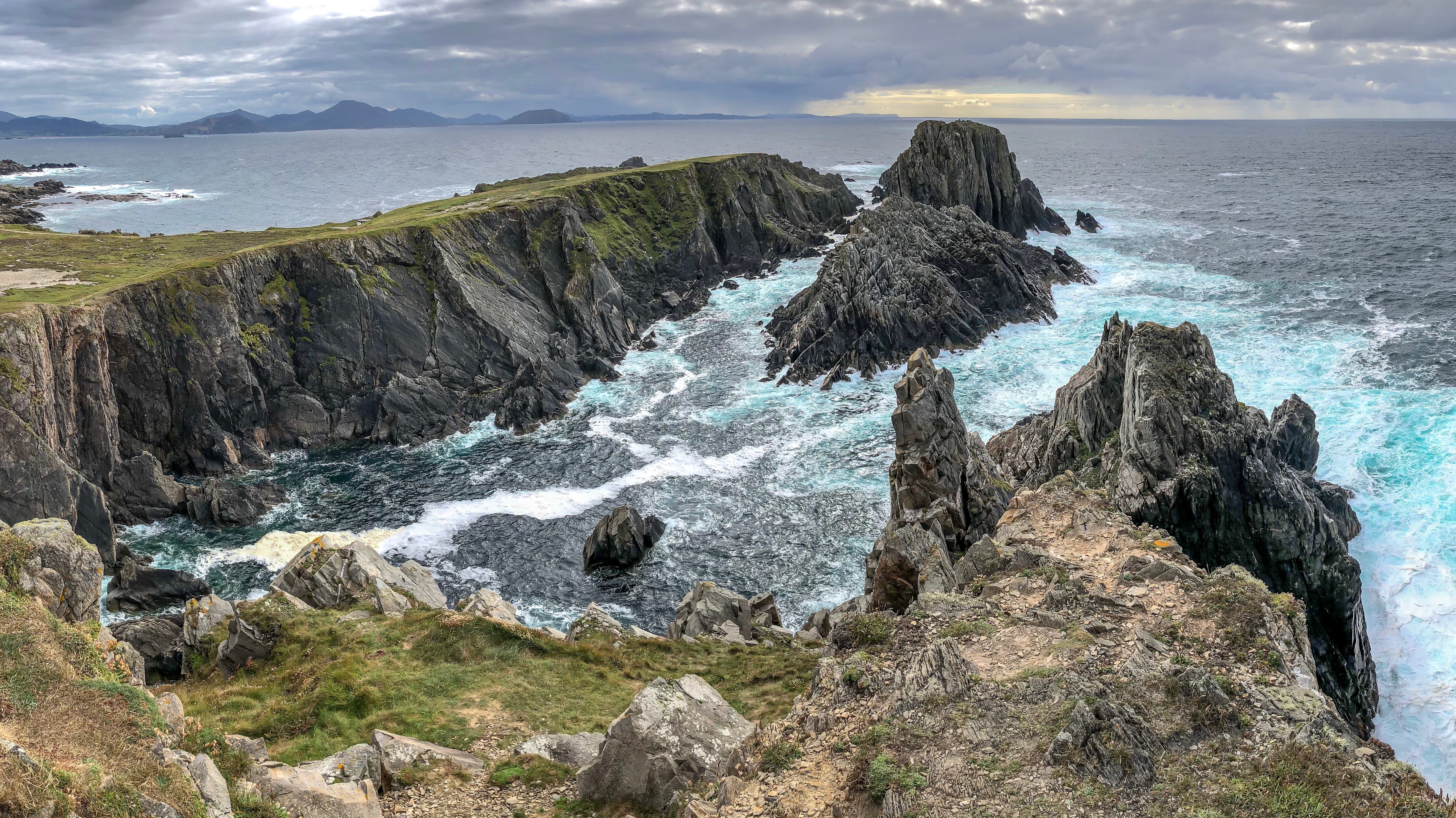 island, ireland, rock formation, cloud - sky, movement, rock - object, clouds, wave, day, ocean, tranquil scene, non-urban scene, tranquility, motion, aerial, HD Wallpaper
