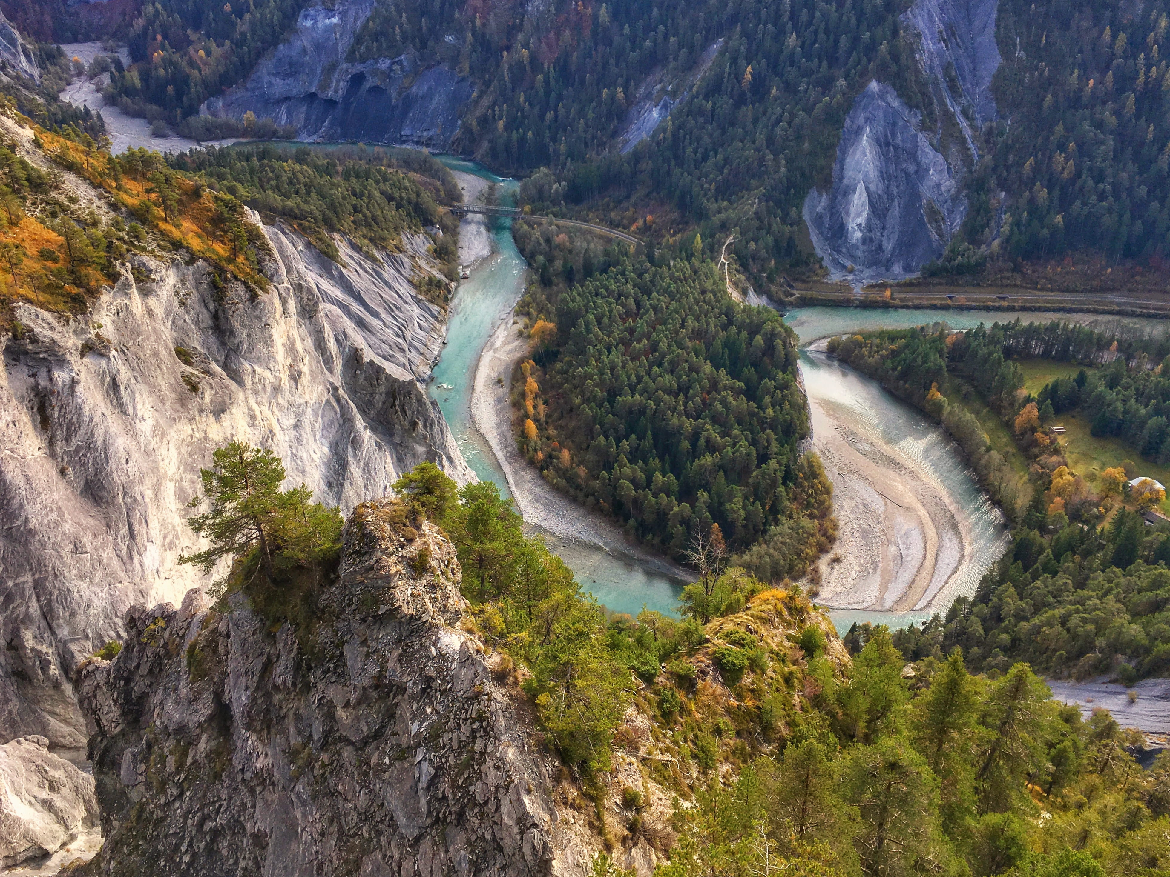 mountain, ice, photography, motion, aerial, road, trees, day, body, flims, outdoors, non-urban scene, plateau, water, rheinschlucht, 4K, tranquility, valley, HD Wallpaper