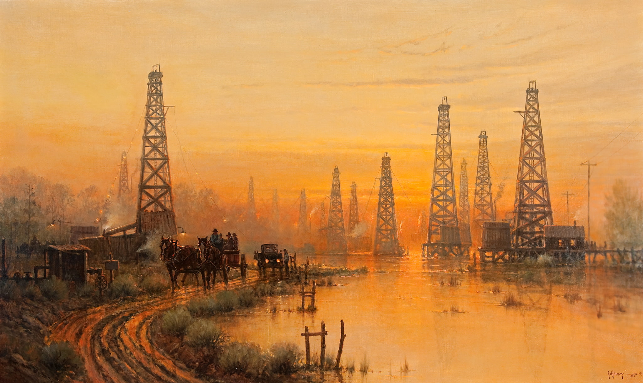 river, landscape, tower, sunset, Harvey G, 1080P, picture, road, the sky, Goose Creek Field, HD Wallpaper
