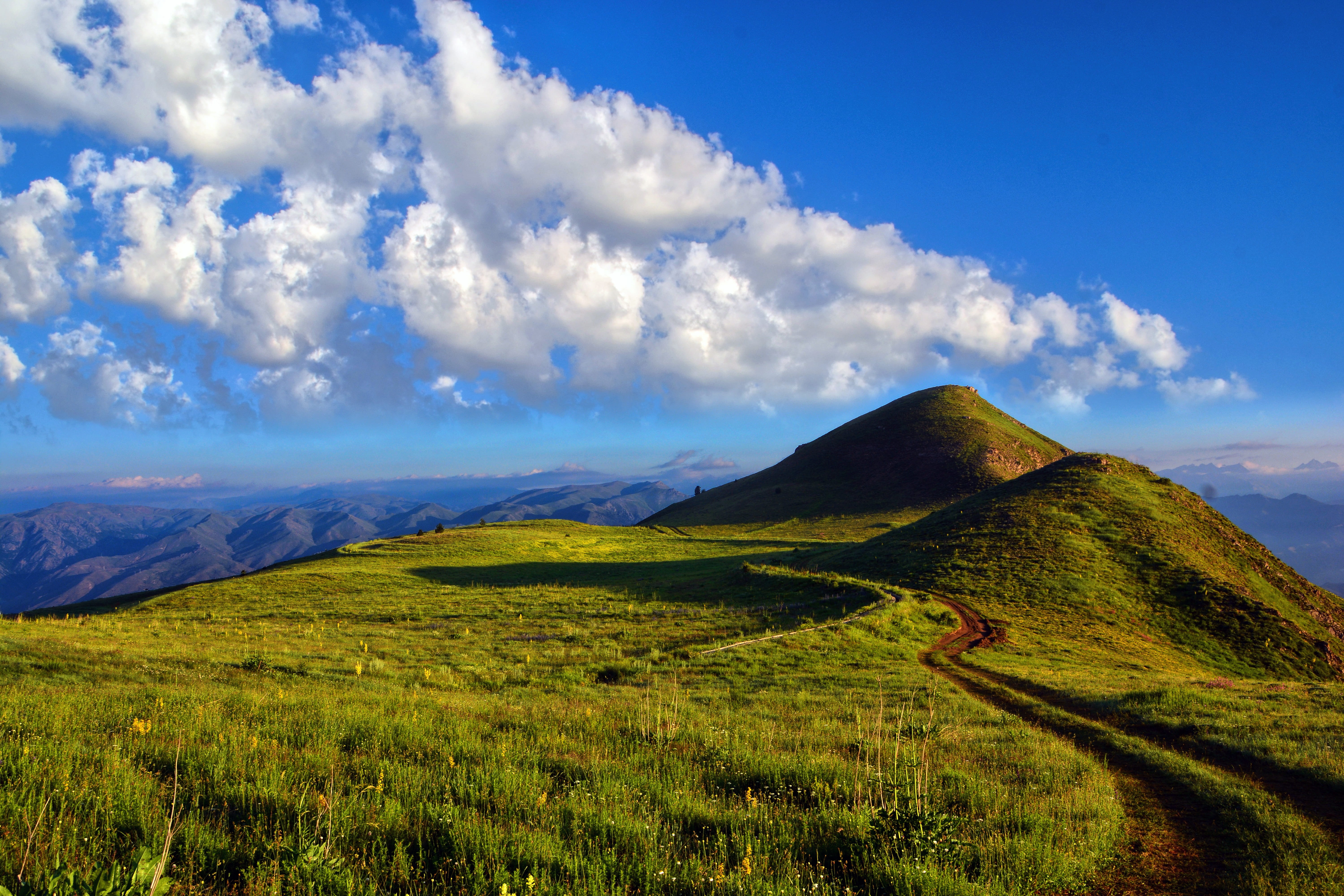 green color, tranquil scene, nature, imposing, daytime, cloud - sky, remote, rural, grass, mountain range, green, travel, spring, landscape, peak, beauty in nature, HD Wallpaper