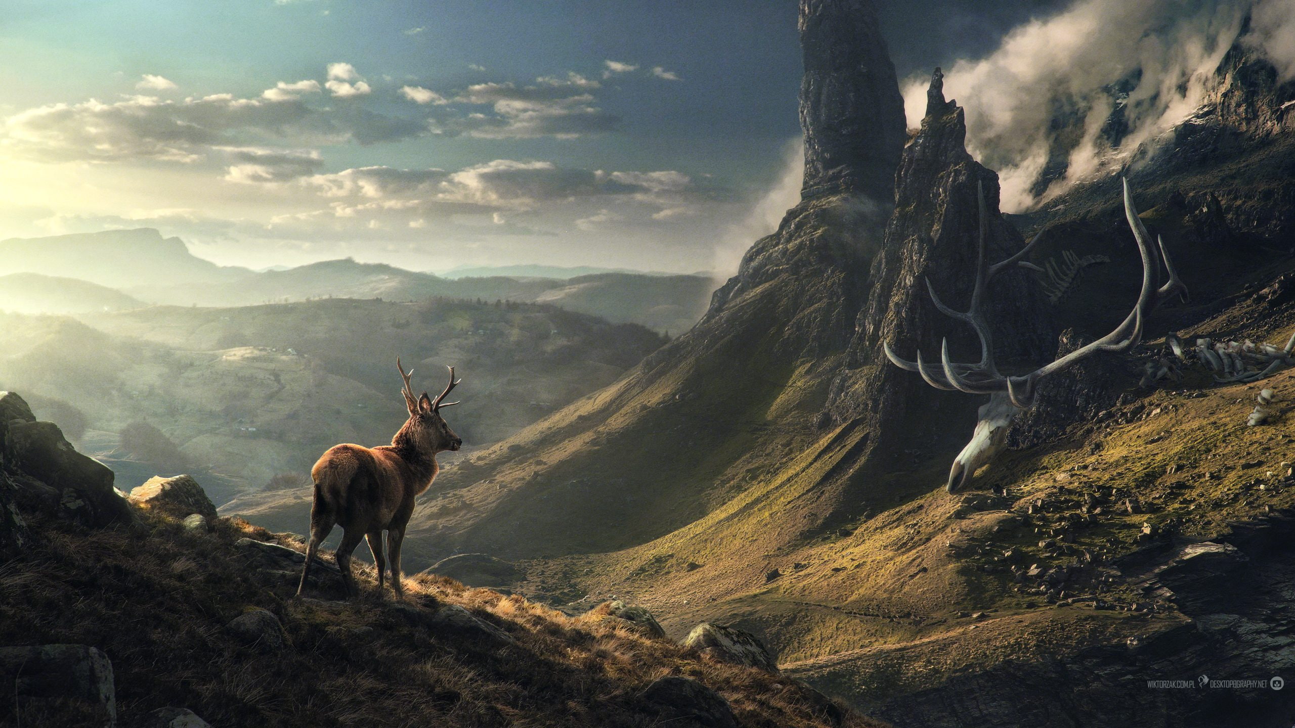 2K, landscape, mountains, Desktopography, skeleton, clouds, Elk, HD Wallpaper