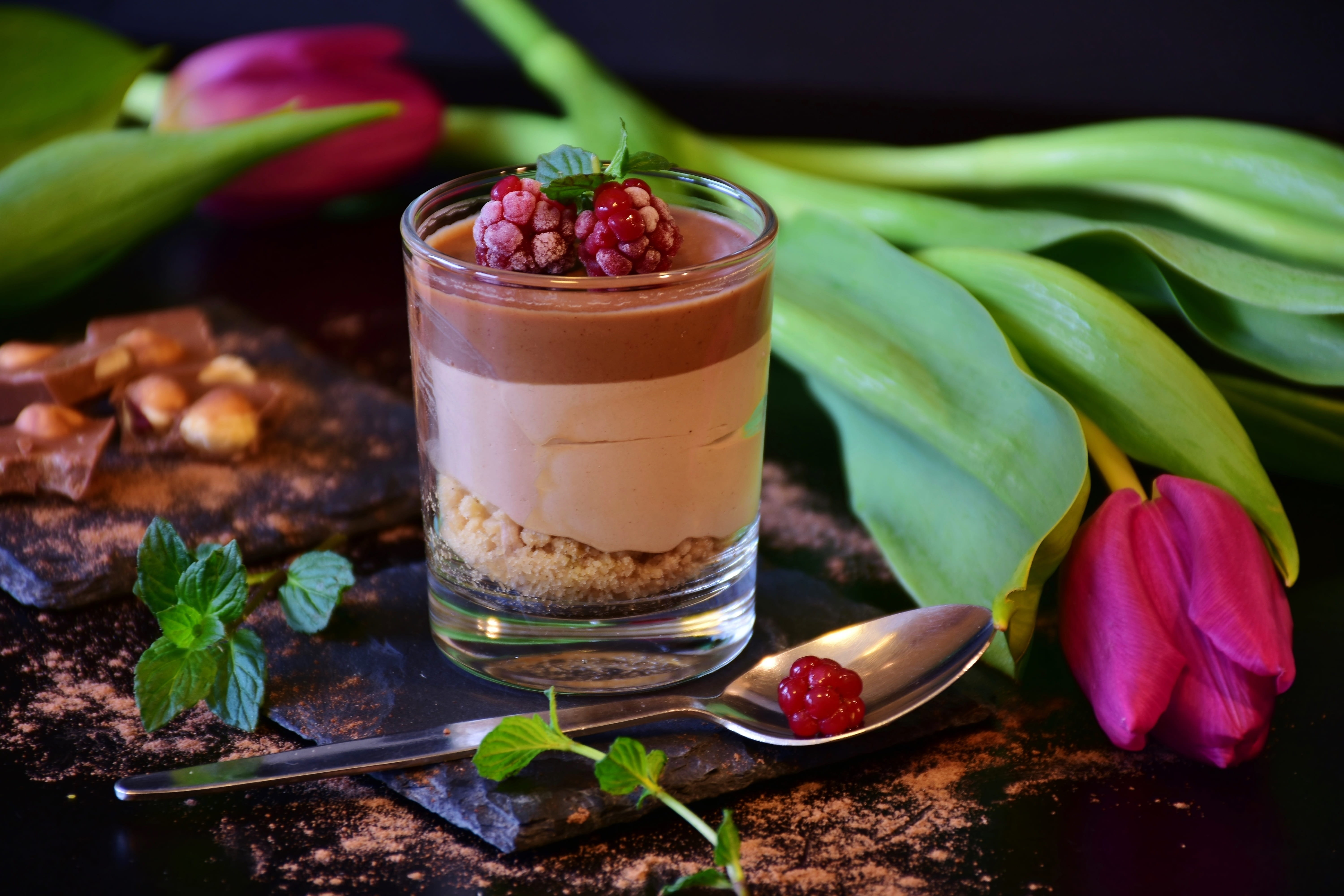 hazelnuts, common beet, placed, still life, steel, beside, sweet, drinking glass, refreshment, healthy eating, drinking, dessert, glass, glas, tulips, indoors, HD Wallpaper