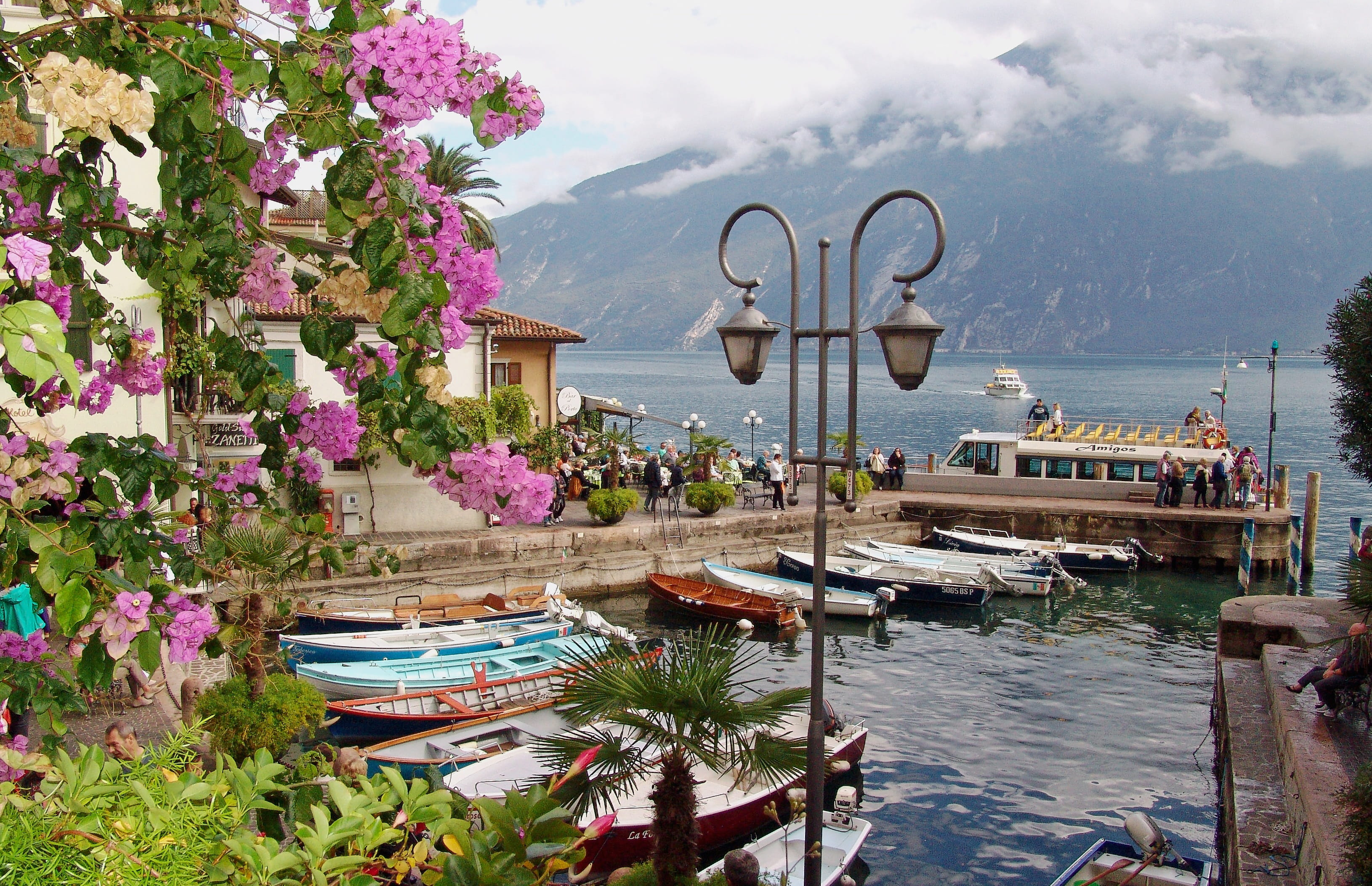 vacations, transportation, nautical vessel, garda, limone, port, no people, sea, ferry, architecture, moored, flower, plant, nature, flowering plant, tourism, HD Wallpaper
