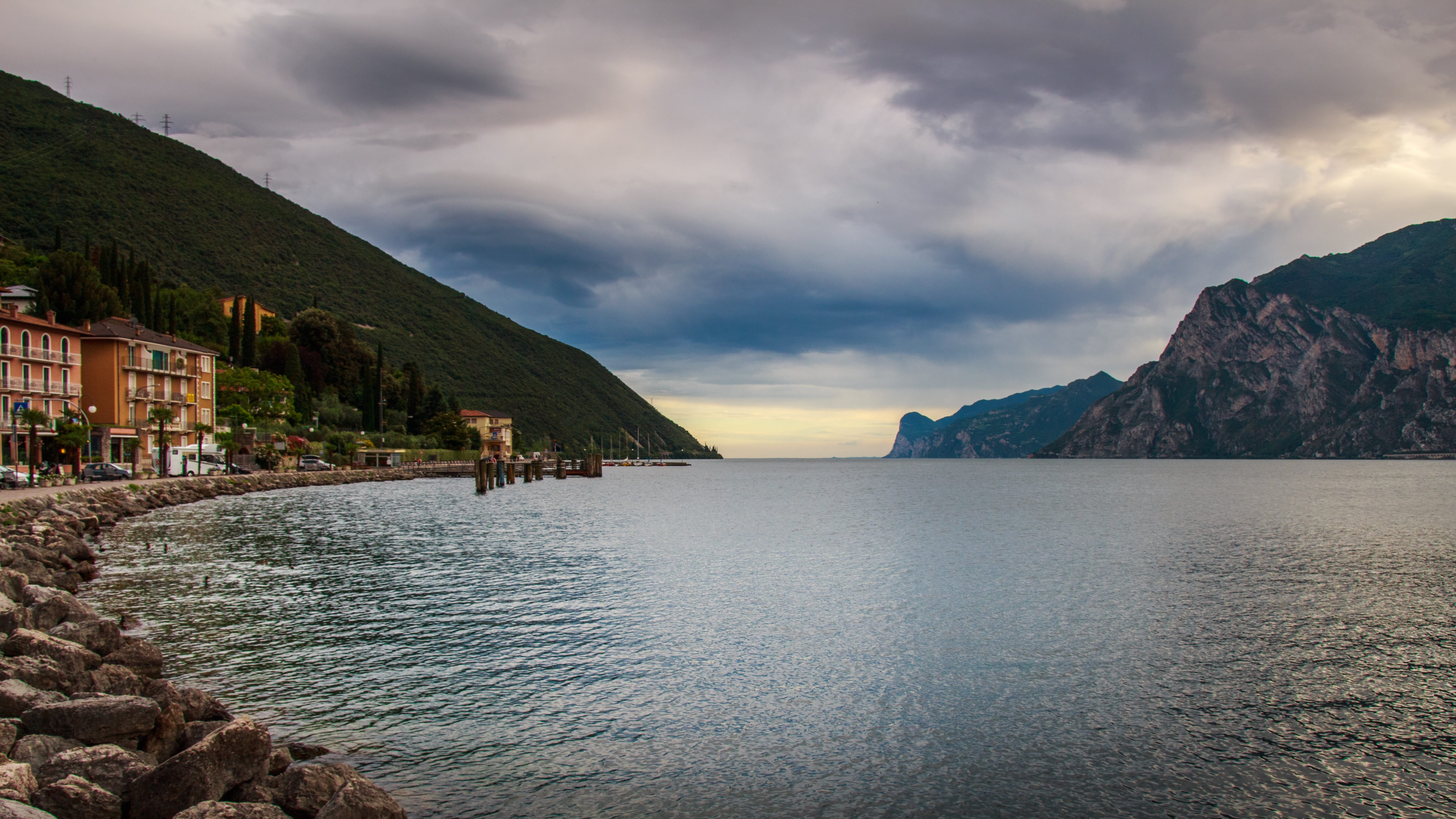 hotel, limone, building, cloud - sky, tranquility, no people, lake, garda, dramatic sky, history, landscape, tourism, coastline, view, sky, beauty in nature, HD Wallpaper