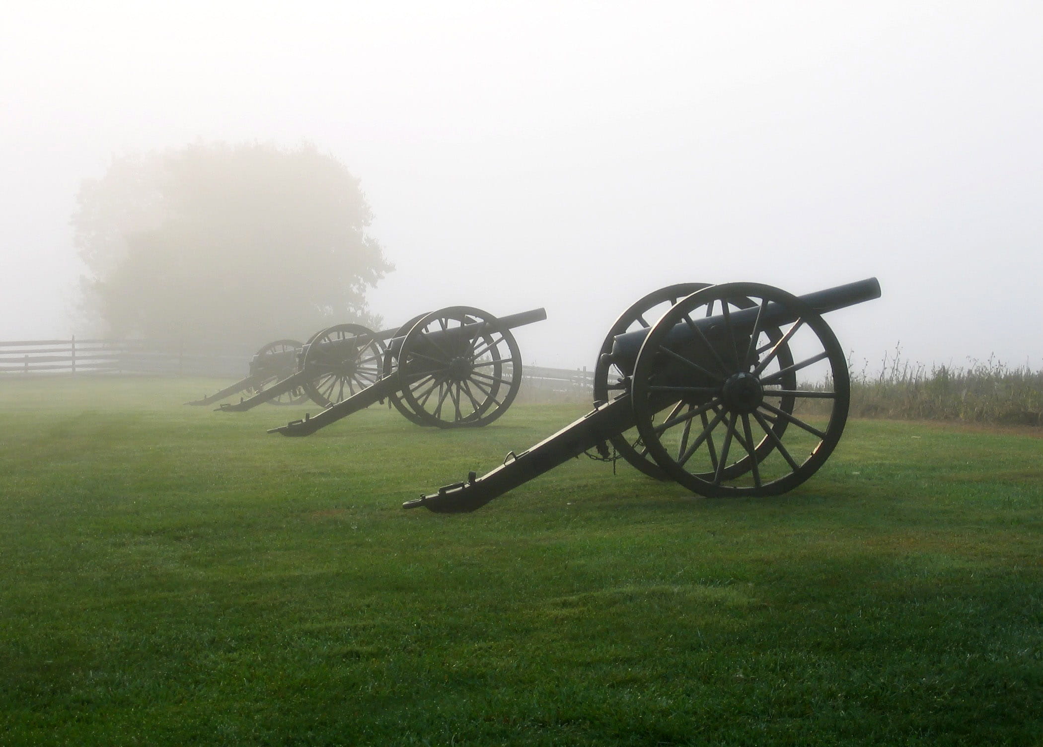 old, photo, United States, tree, battlefield, weapon, fog, plant, history, rural Scene, field, cannon, Antietam Battlefield, the past, mode of transportation, HD Wallpaper