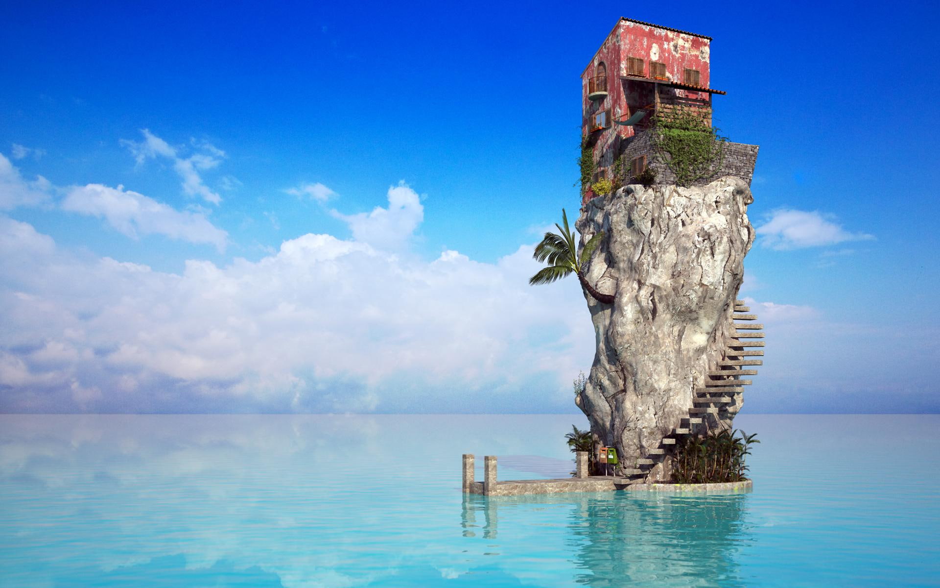 cliff, 3d and abstract, coast, water, grey, house, red, concrete, 1080P, spiral, beach, stair, sea, HD Wallpaper