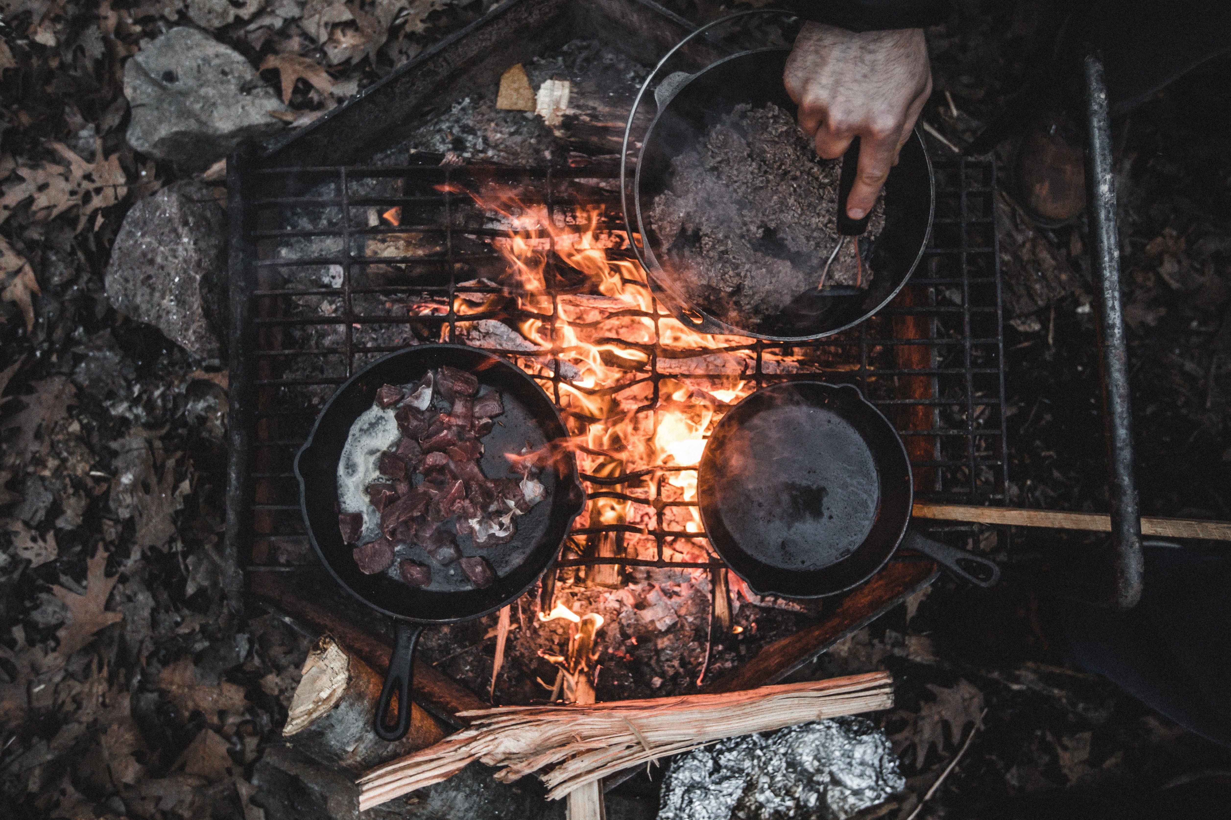 4K, food, meat, nature, camping, wood, fire, HD Wallpaper