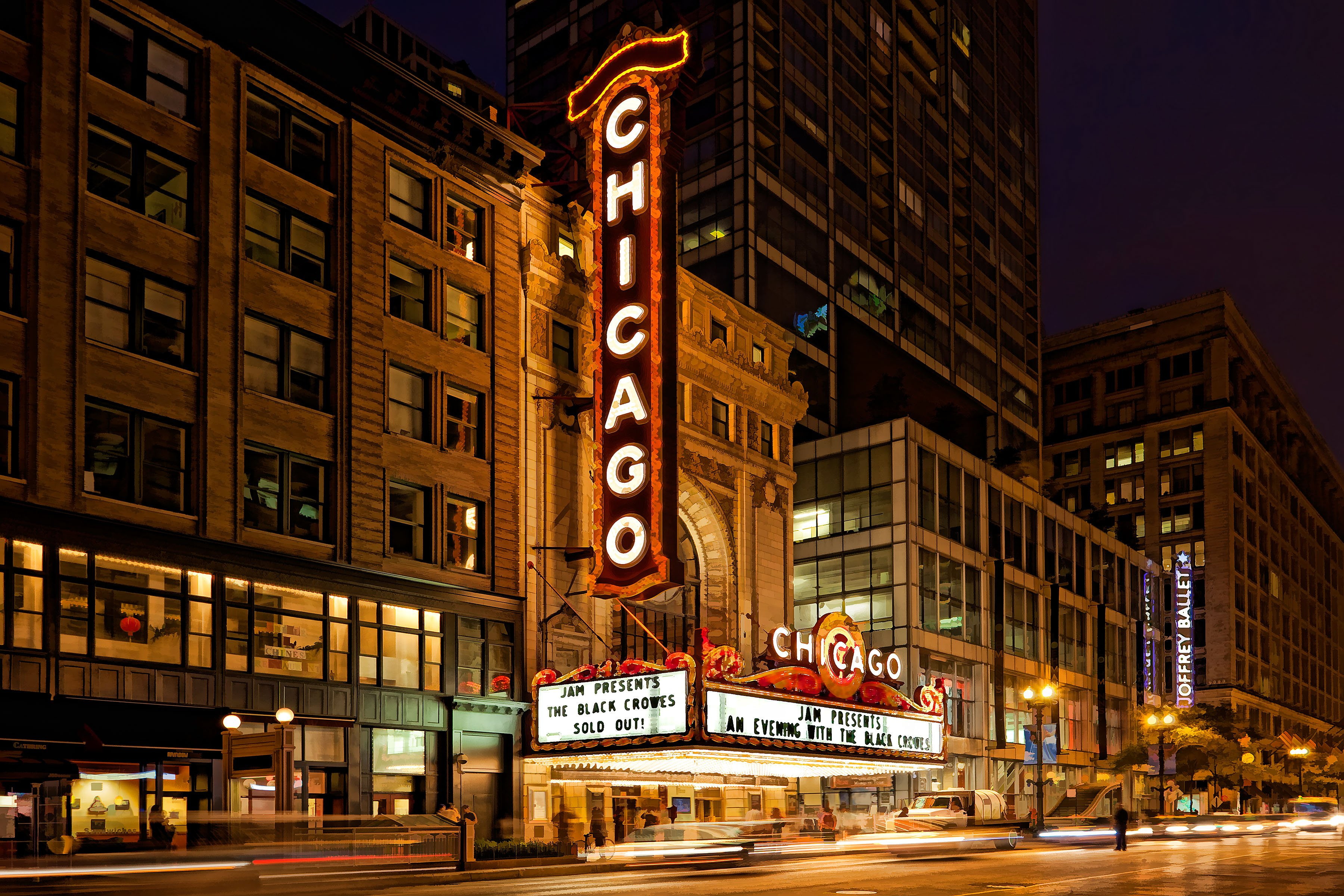 theater, chicago, 2K, night, usa, city, illuminated, HD Wallpaper