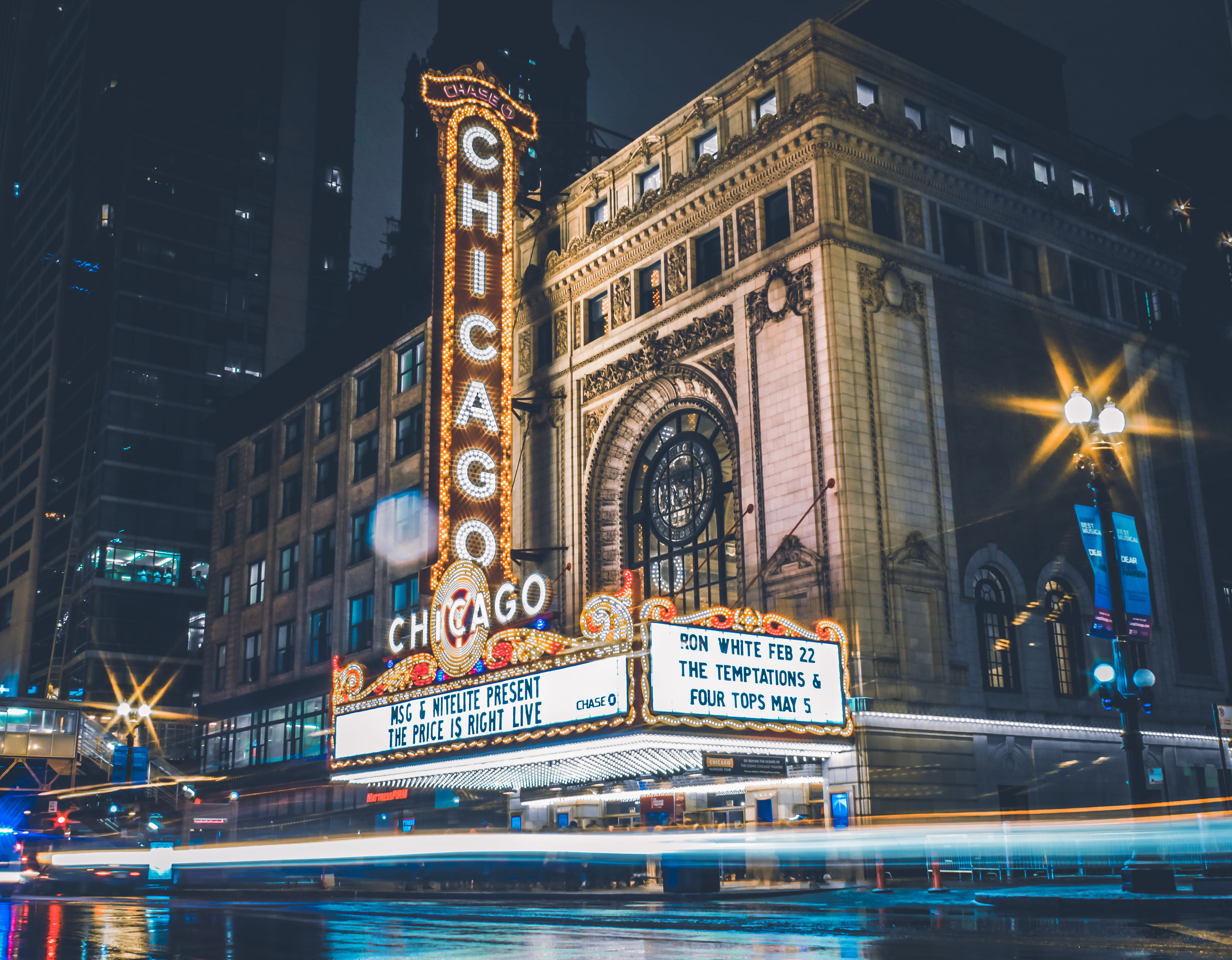 tourism, tower, motion, travel destinations, office building exterior, chicago, light, text, outdoors, water, urban, built structure, travel, long exposure, HD Wallpaper