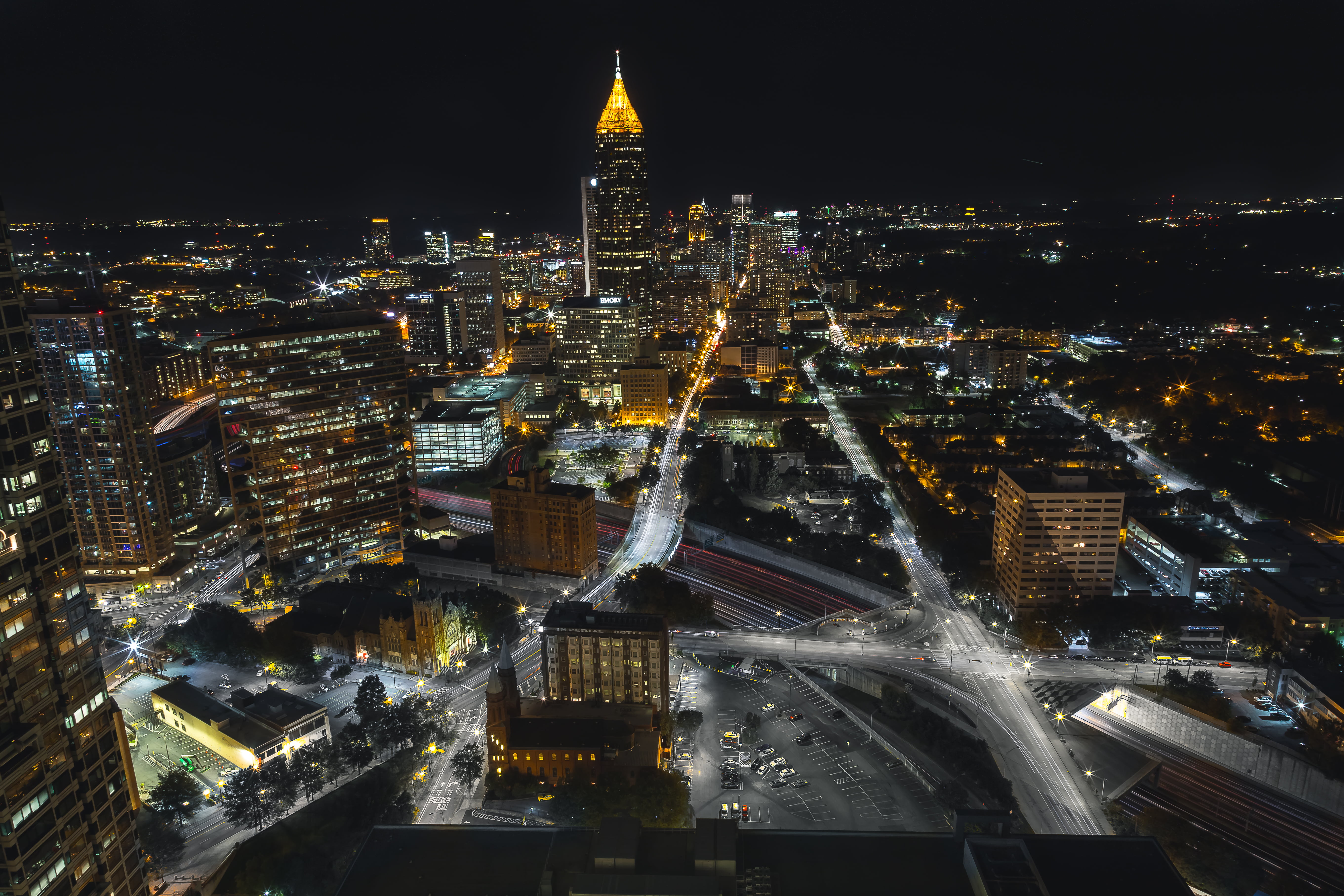 architecture, tower, river, outdoors, dusk, office Building, travel Destinations, financial District, atlanta, high Angle View, business, concrete, city Life, HD Wallpaper