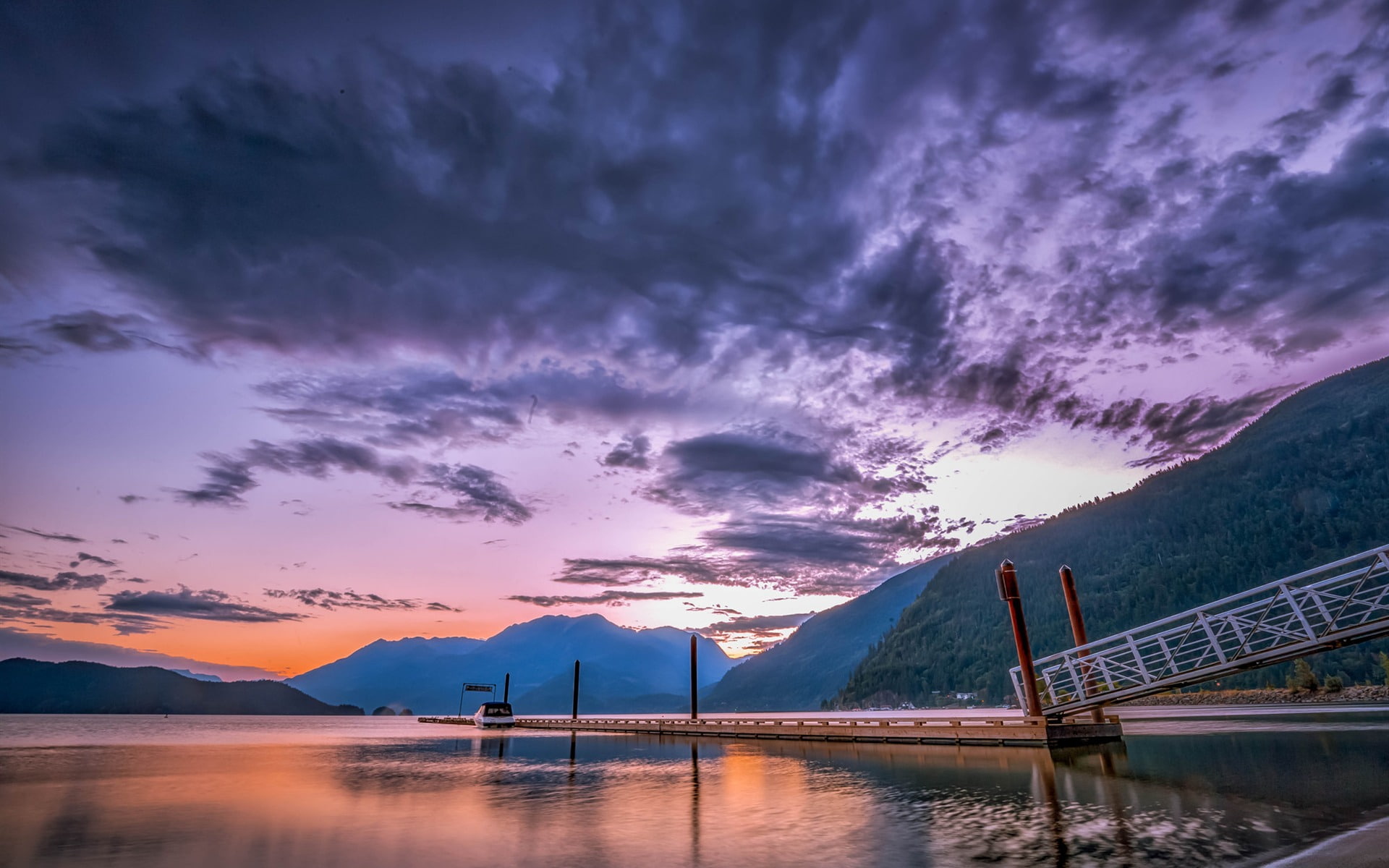 waterfront, idyllic, landscape, beauty in nature, scenics - nature, purple, harrison, mountain, tranquility, water, cloud - sky, outdoors, mountain range, HD Wallpaper