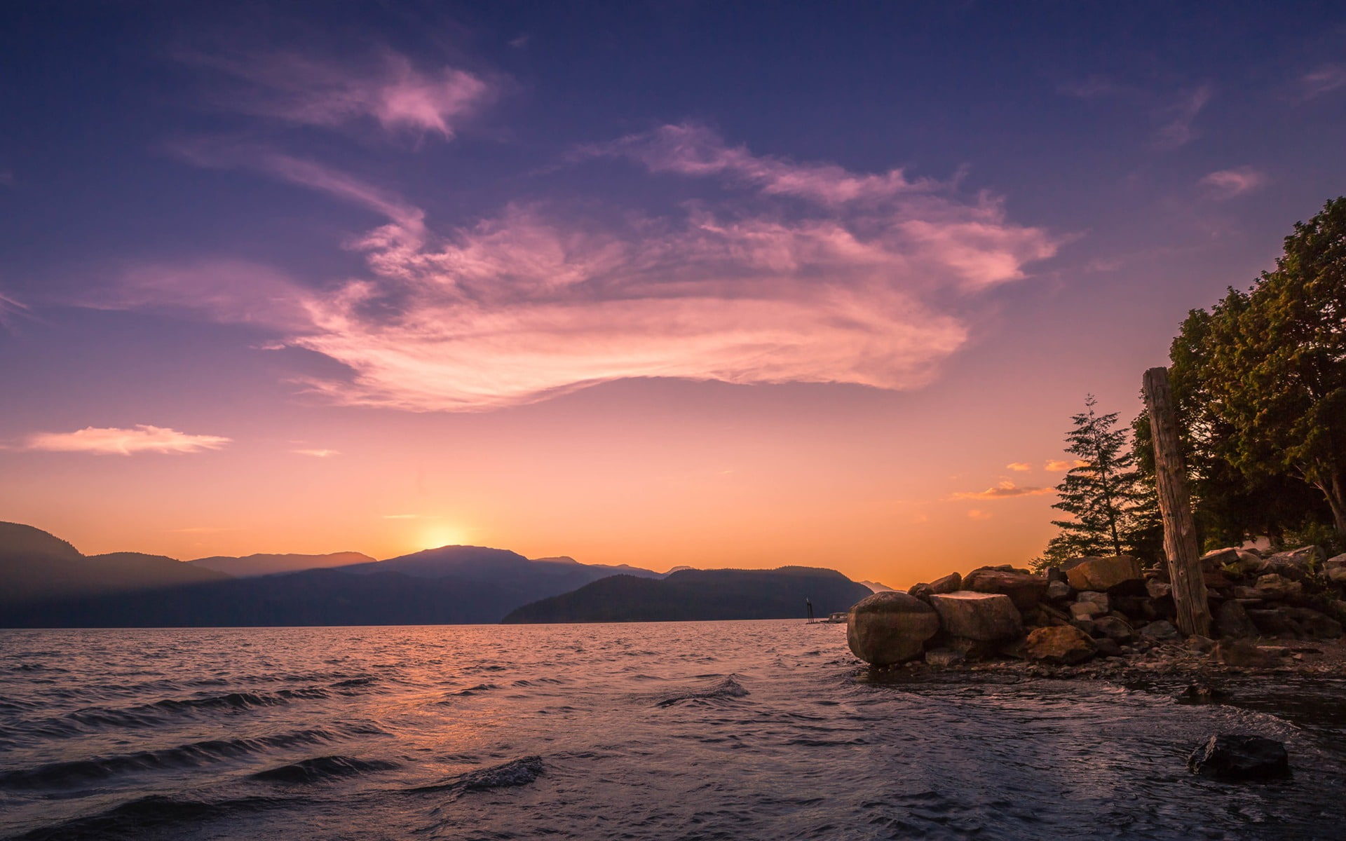 scenics - nature, rock - object, tree, tranquility, lake, tranquil scene, mountain, non-urban scene, harrison, canada, sky, beauty in nature, water, sunset, HD Wallpaper