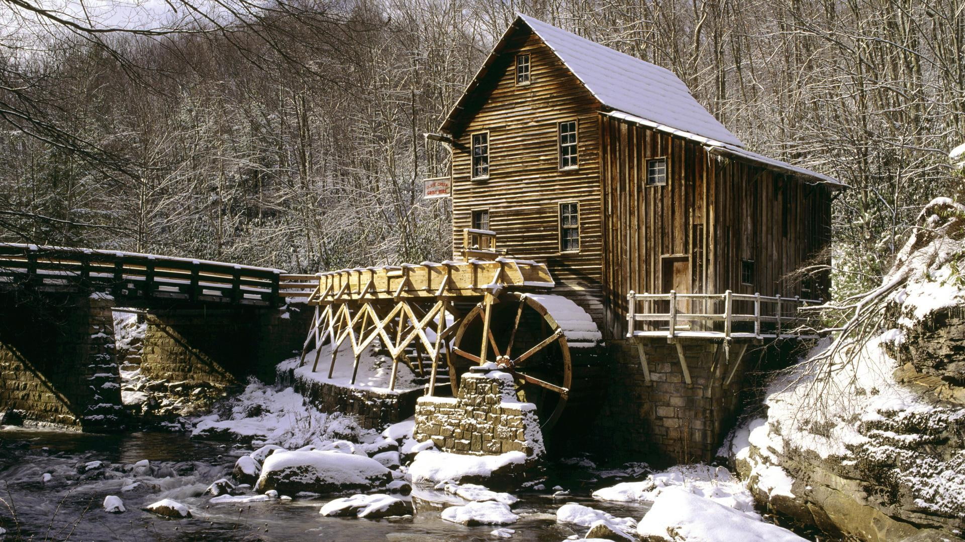 grist, river, snow, winter, 3d and abstract, bridge, mill, 1080P, HD Wallpaper