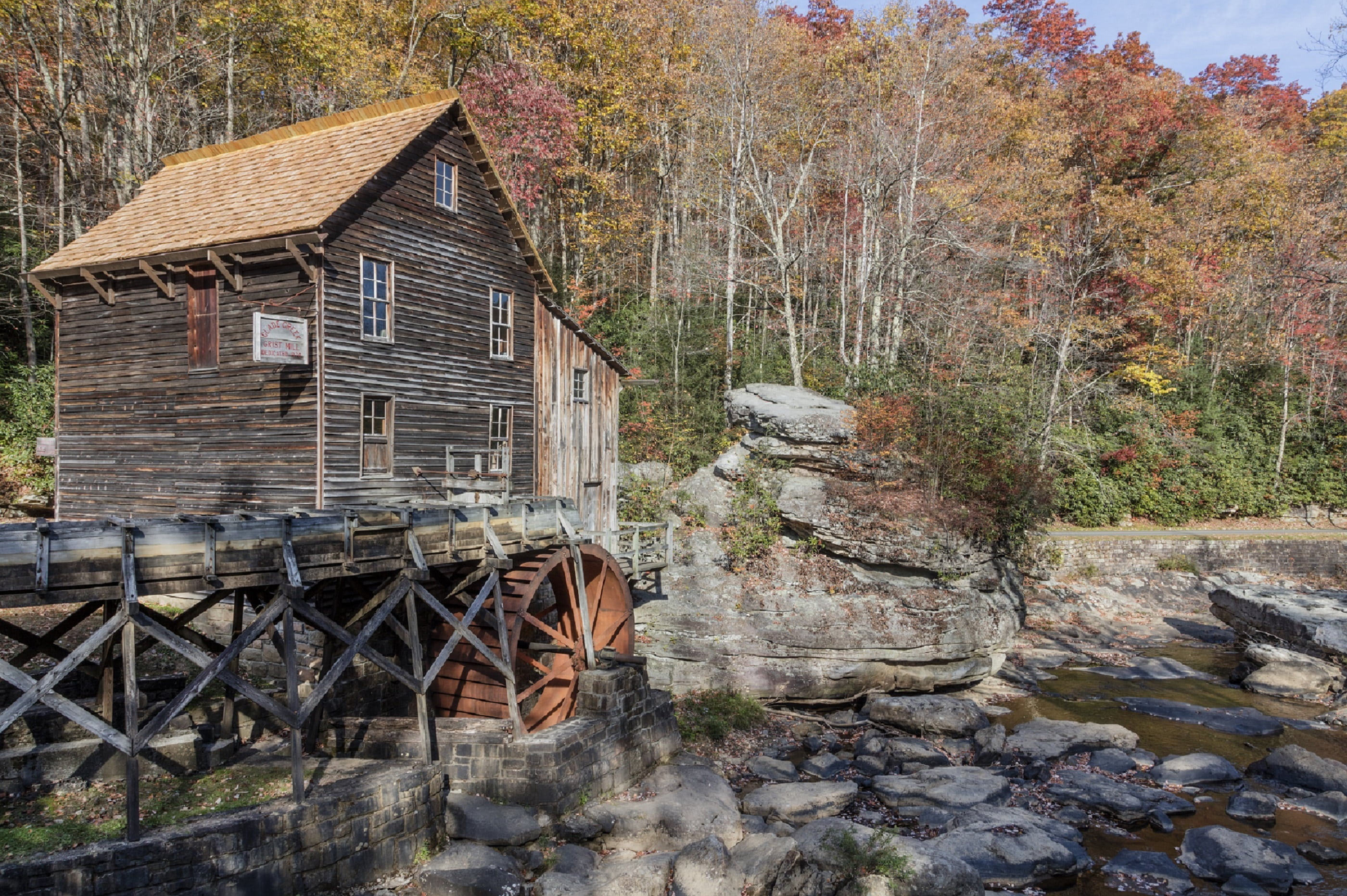 landscape, architecture, 2K, glade creek, watermill, abandoned, outdoors, residential district, babcock state park, no people, obsolete, west virginia, HD Wallpaper