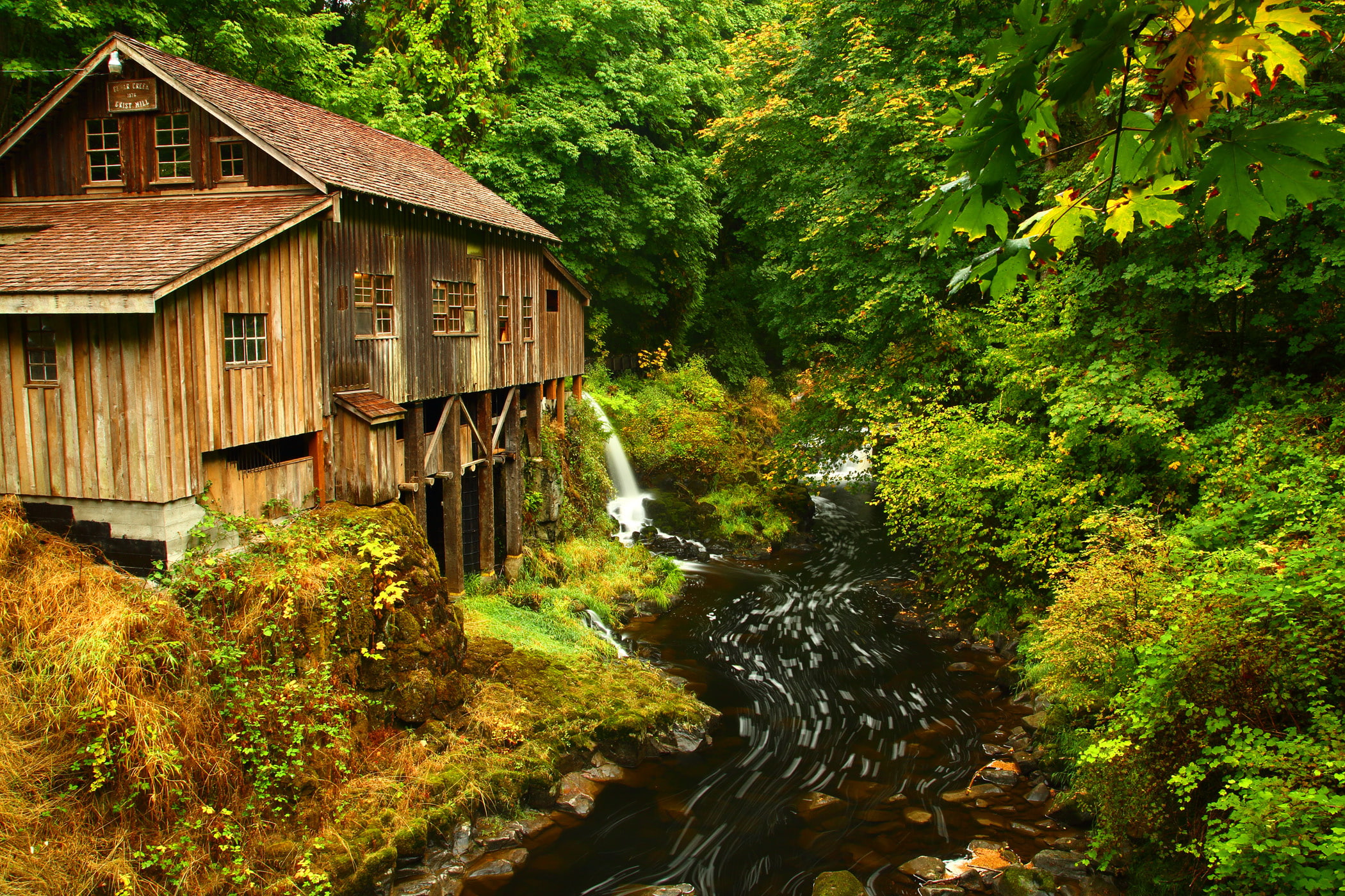 house, river, creek, autumn, mill, stream, grist, cedar, forest, 1080P, fall, building, HD Wallpaper
