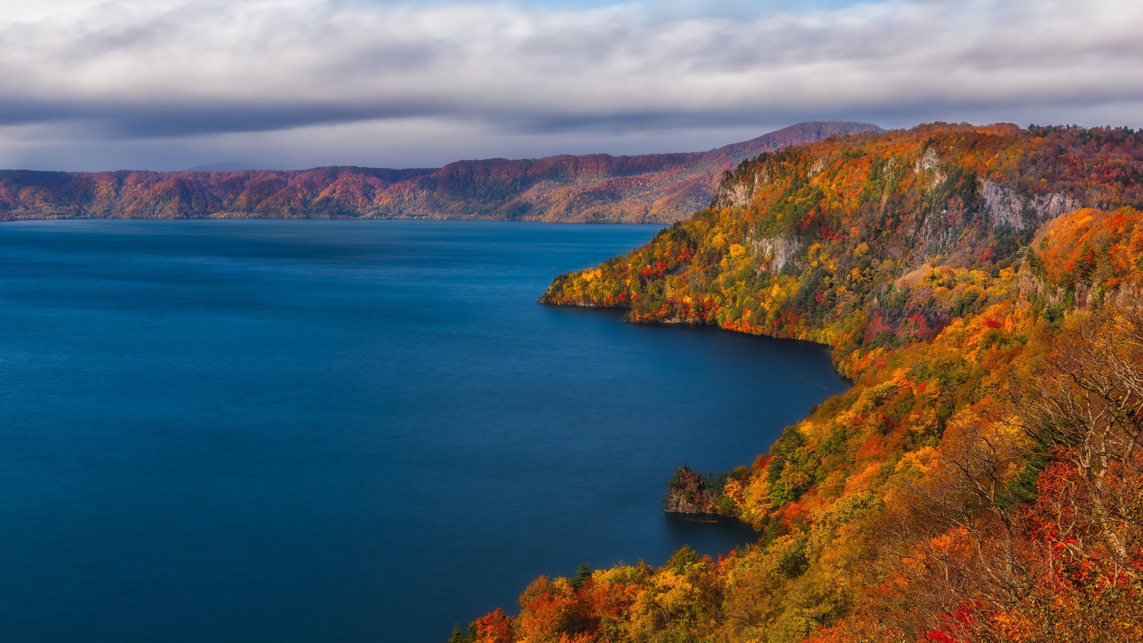 change, 4K, mountain, no people, lake towada, cloud, remote, coast, beauty in nature, water, cloud - sky, tranquility, autumn colors, non-urban scene, HD Wallpaper
