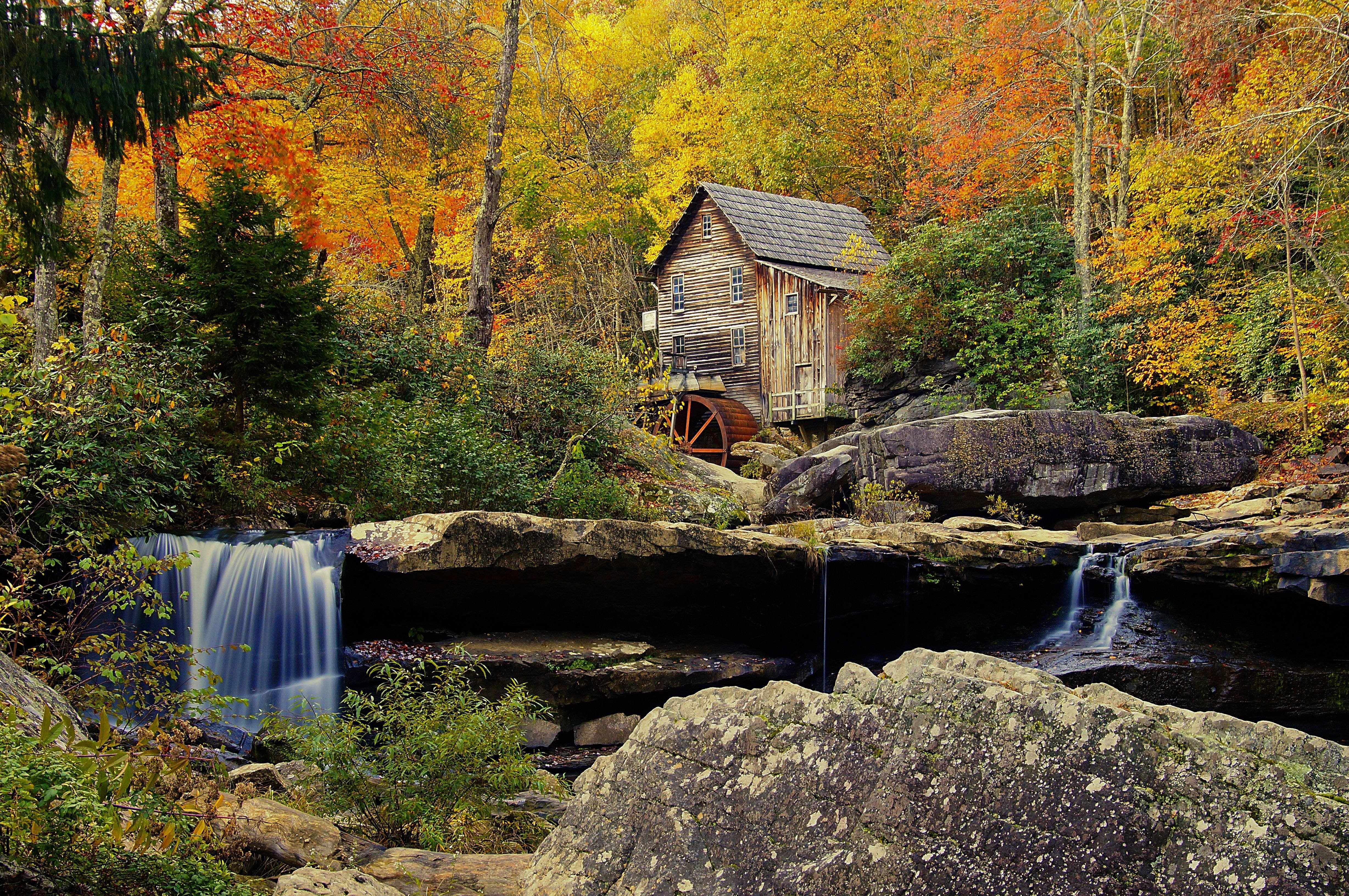 babcock, mill, 4K, crist, Waterfall, autumn, river, Landscape, state, park, Forest, HD Wallpaper