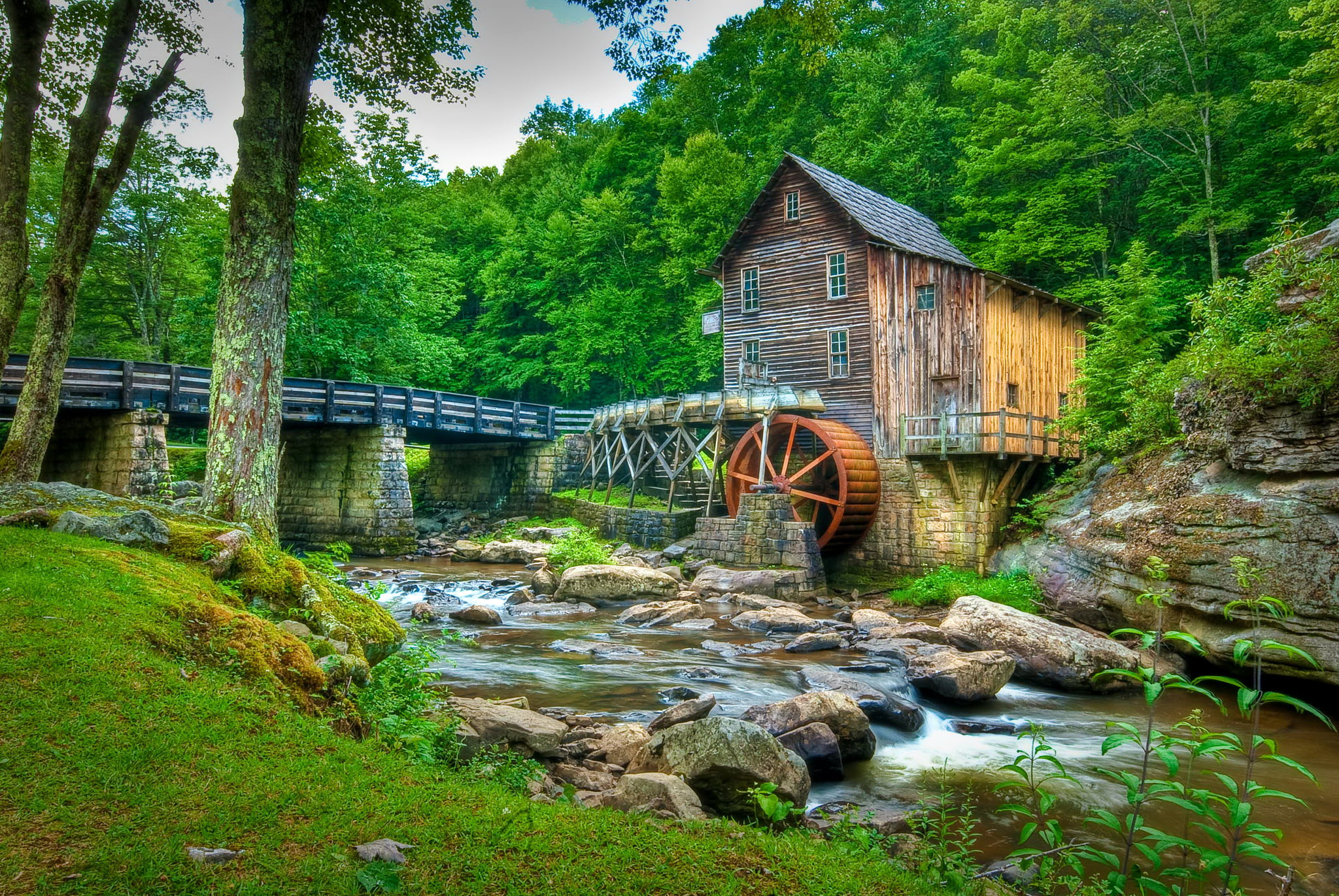 water wheel, stream, plant, USA, tree, trees, day, nature, built structure, river, beauty in nature, wood - material, water, house, wooden, Babcock State Park, HD Wallpaper