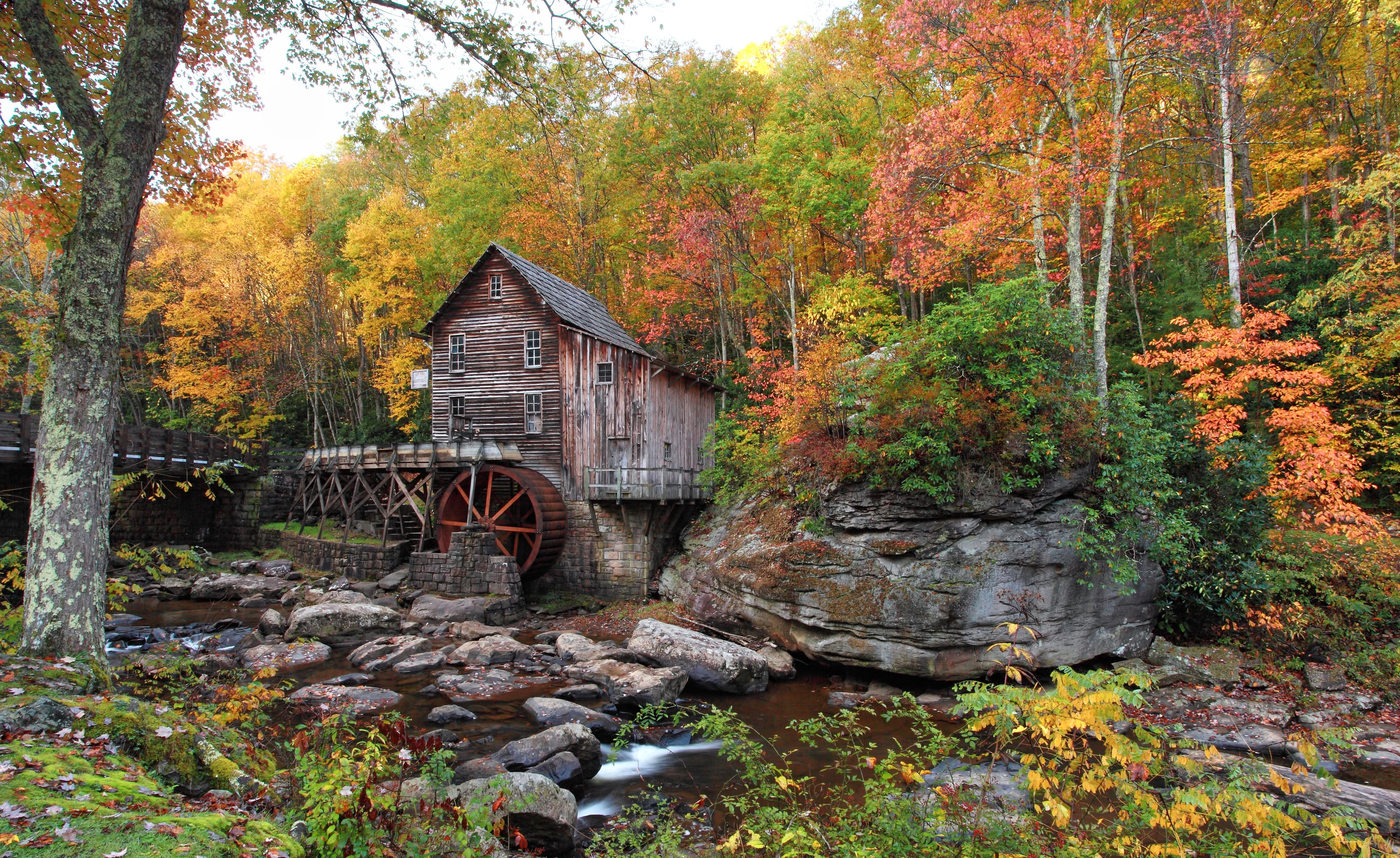 stream, trees, stones, water mill, the bushes, Babcock State Park, forest, autumn, USA, 4K, HD Wallpaper