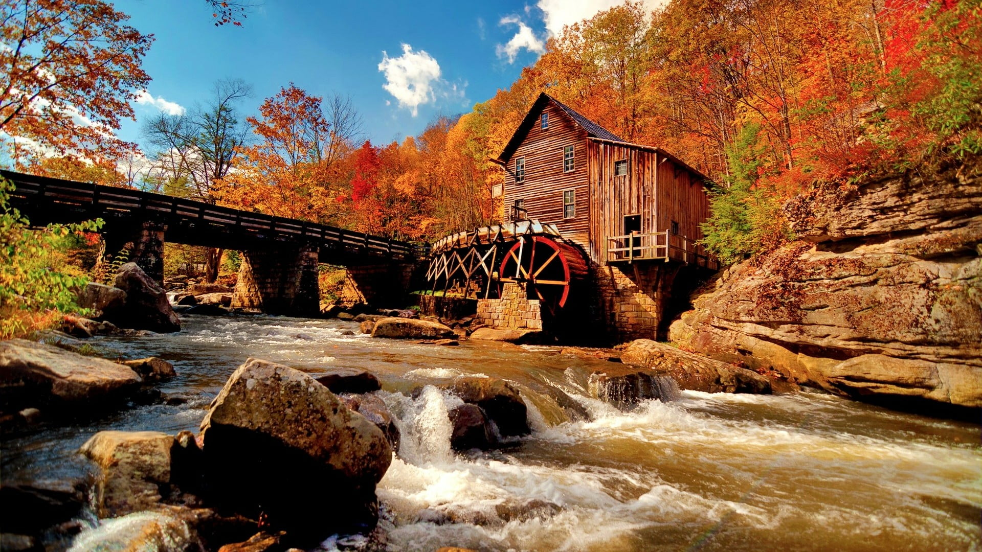 water, bank, babcock state park, plant, sky, flowing, west virginia, beauty in nature, architecture, creek, connection, water mill, no people, united states, HD Wallpaper