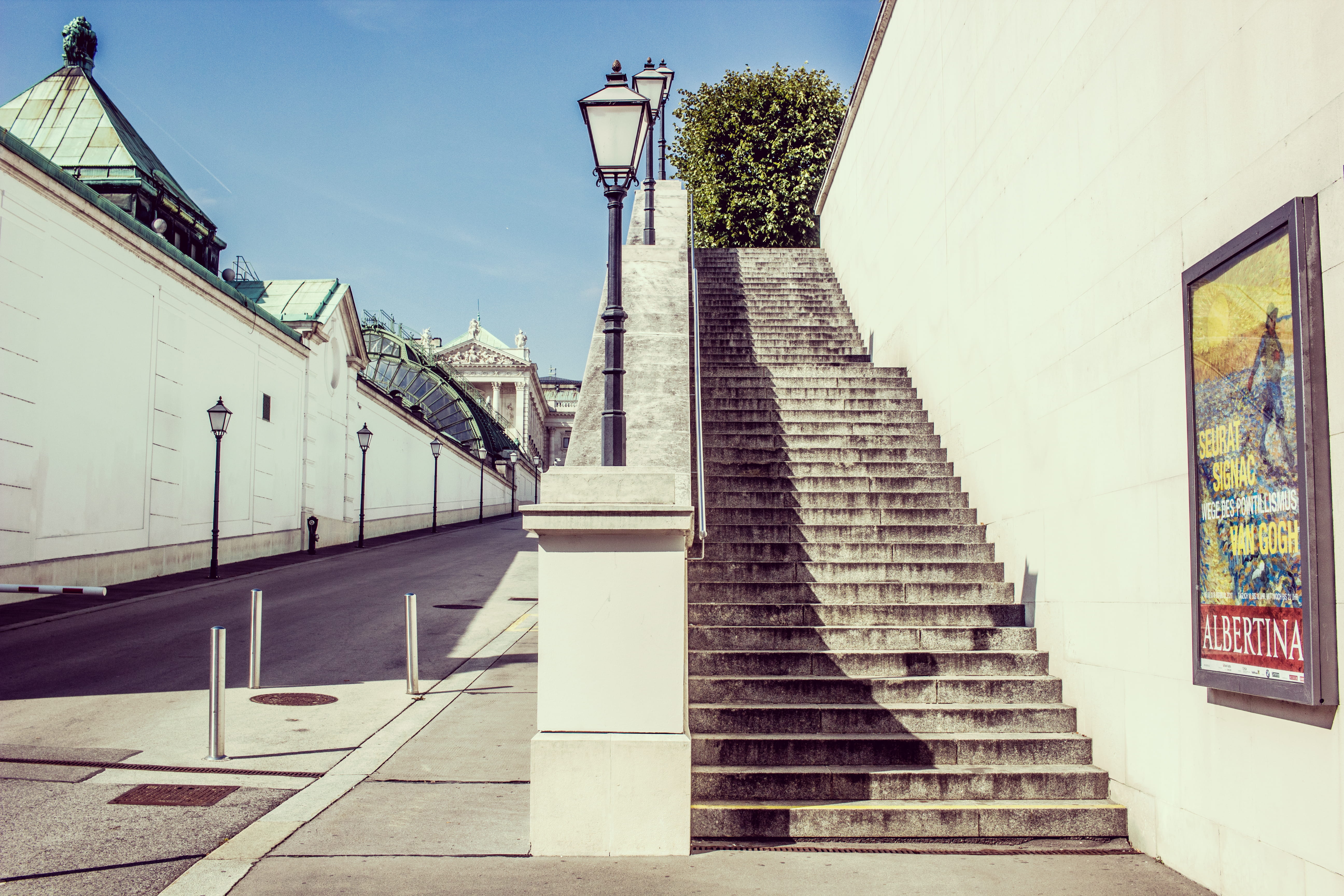 day, stair, sunlight, religion, austria, architecture, wien, railing, no people, 5K, sky, building, staircase, low angle view, vienna, built structure, HD Wallpaper