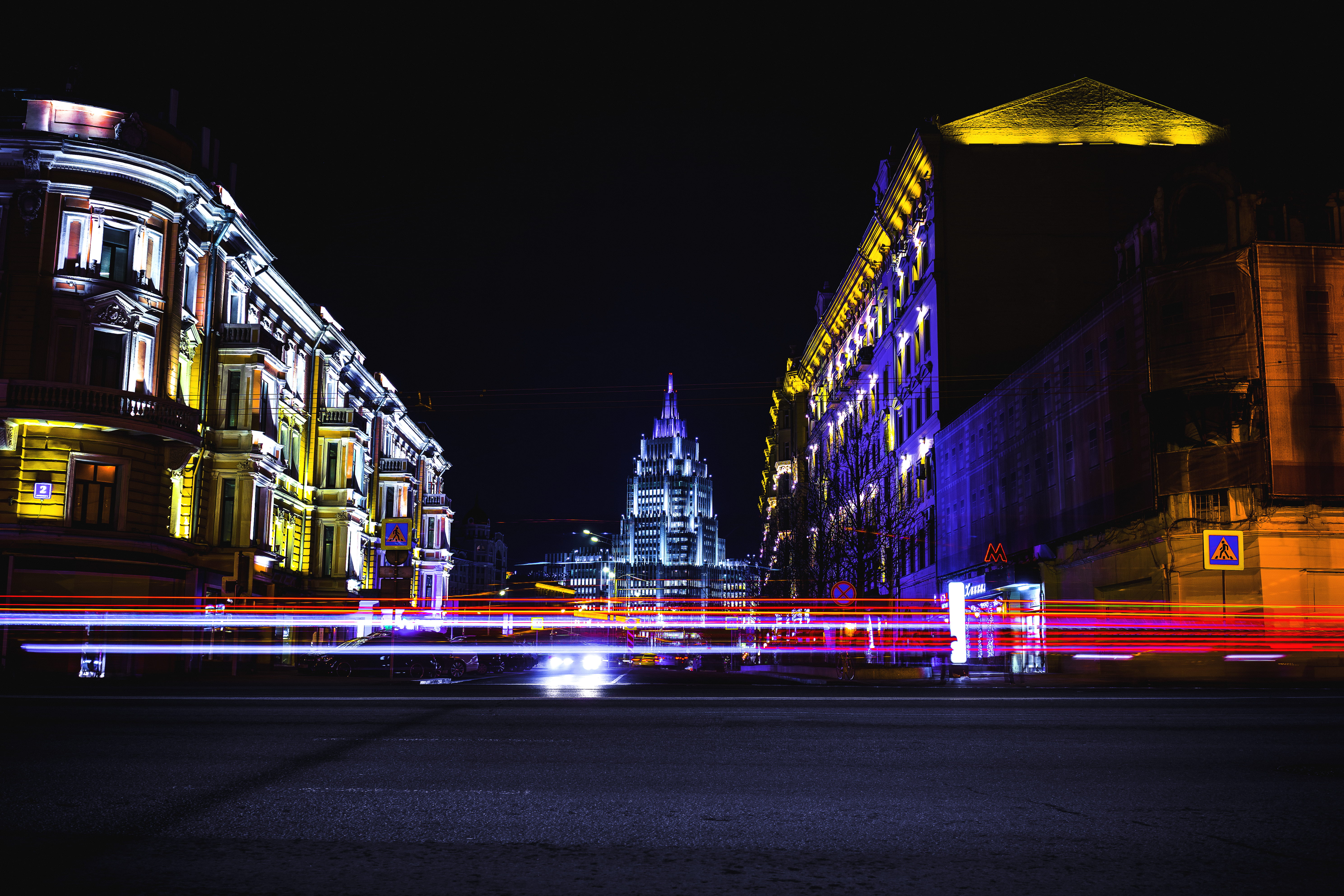 outdoors, road, transportation, moscow, street, skyscraper, built structure, 5K, city life, long exposure, colors, blurred motion, light trail, no people, HD Wallpaper