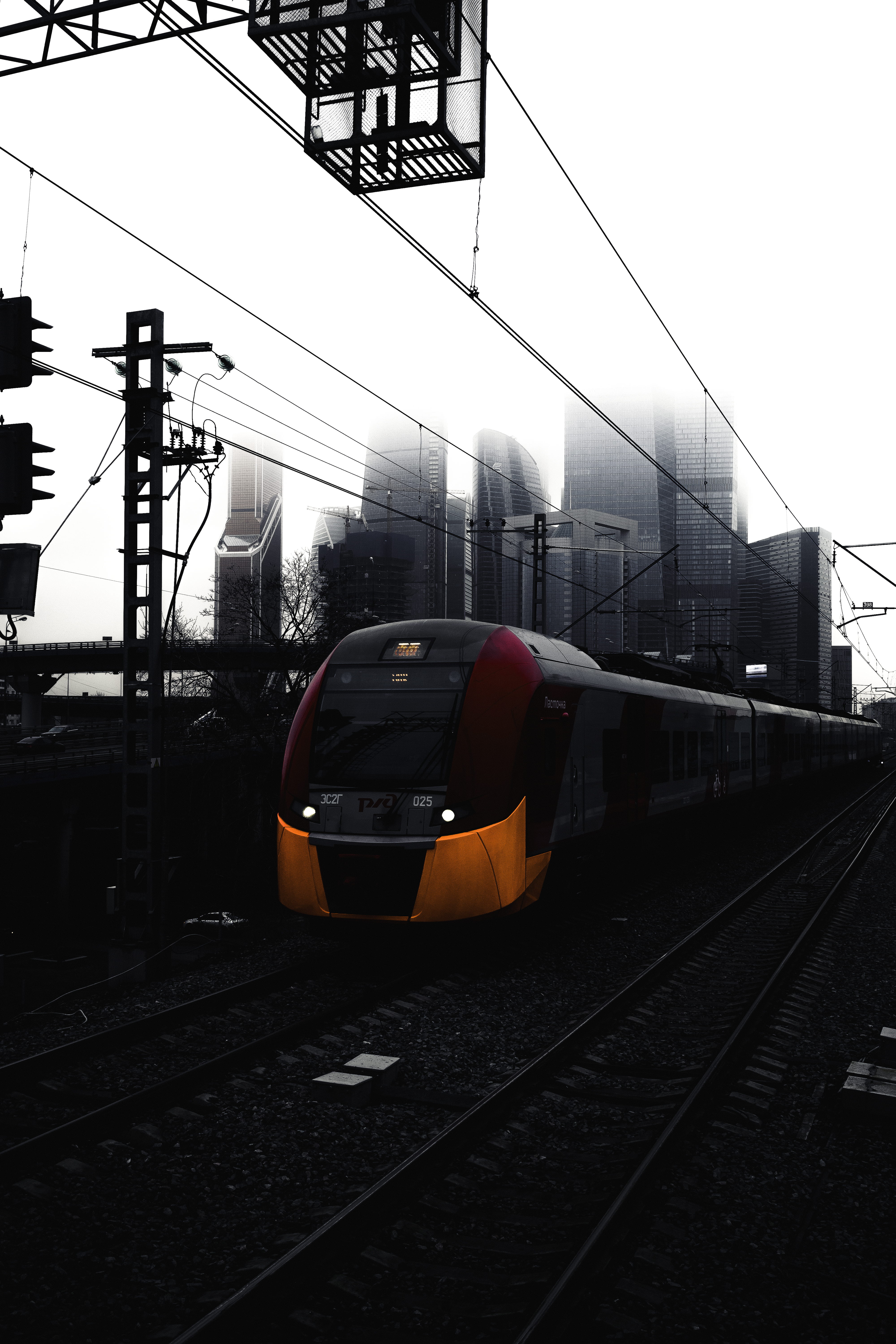 urban, travel, mood, transportation, train, no people, outdoors, built structure, fog, city, public transportation, cable, electricity, building exterior, Phone HD Wallpaper