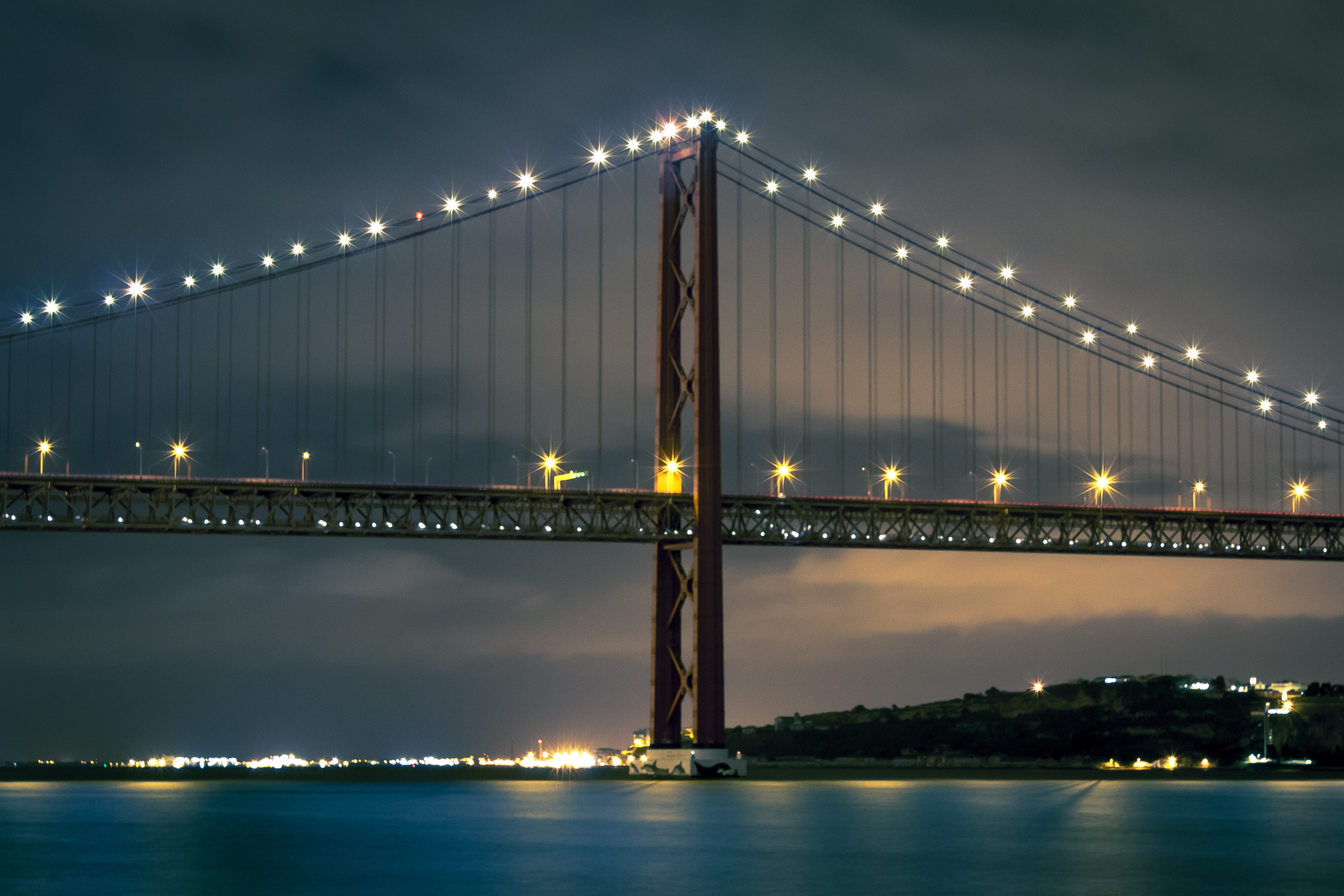 bridge - man made structure, portugal, view, light, architecture, night, no people, bridge, connection, sky, nature, cloudy, cloud, car, cityscape, water, HD Wallpaper