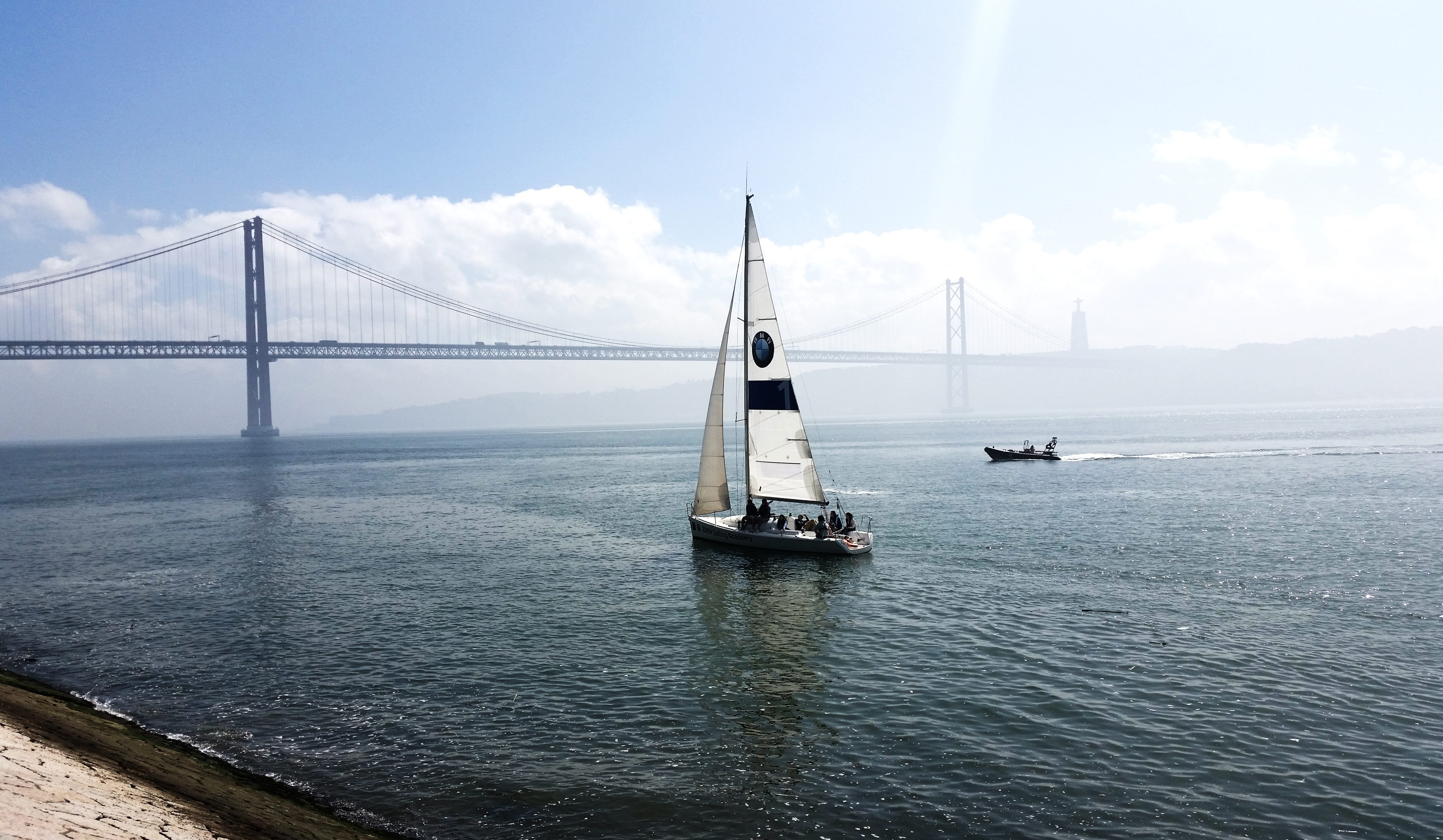 transportation, bridge - man made structure, bridge, ponte, no people, ship, tajo, river, suspension bridge, sea, nautical vessel, vacation, bay, rivertejo, HD Wallpaper