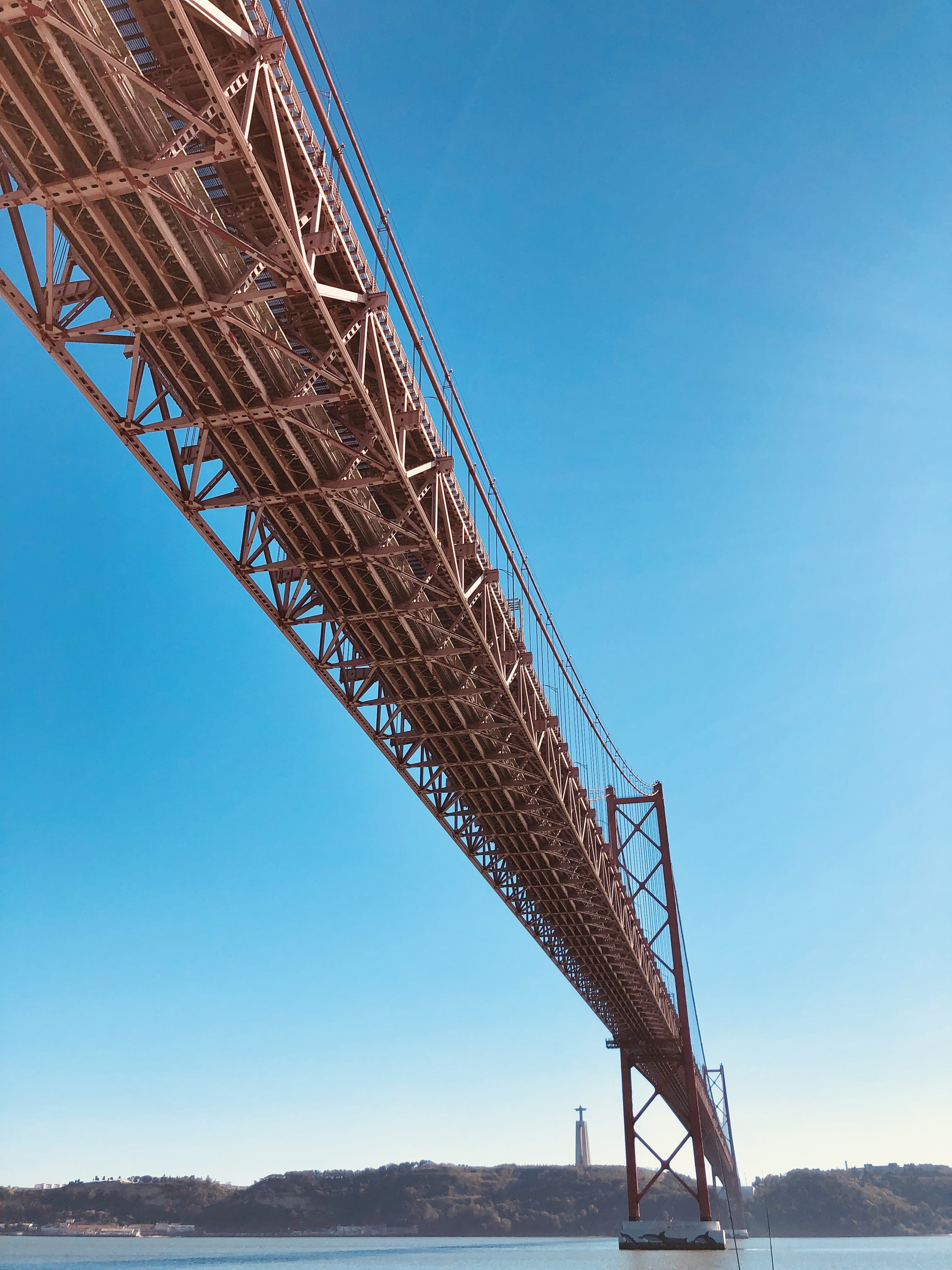 infrastructure, low, built structure, blue sky, water, low angle photography, modern, bridge - man made structure, angle, blue, girder, portugal, bridge, Phone HD Wallpaper