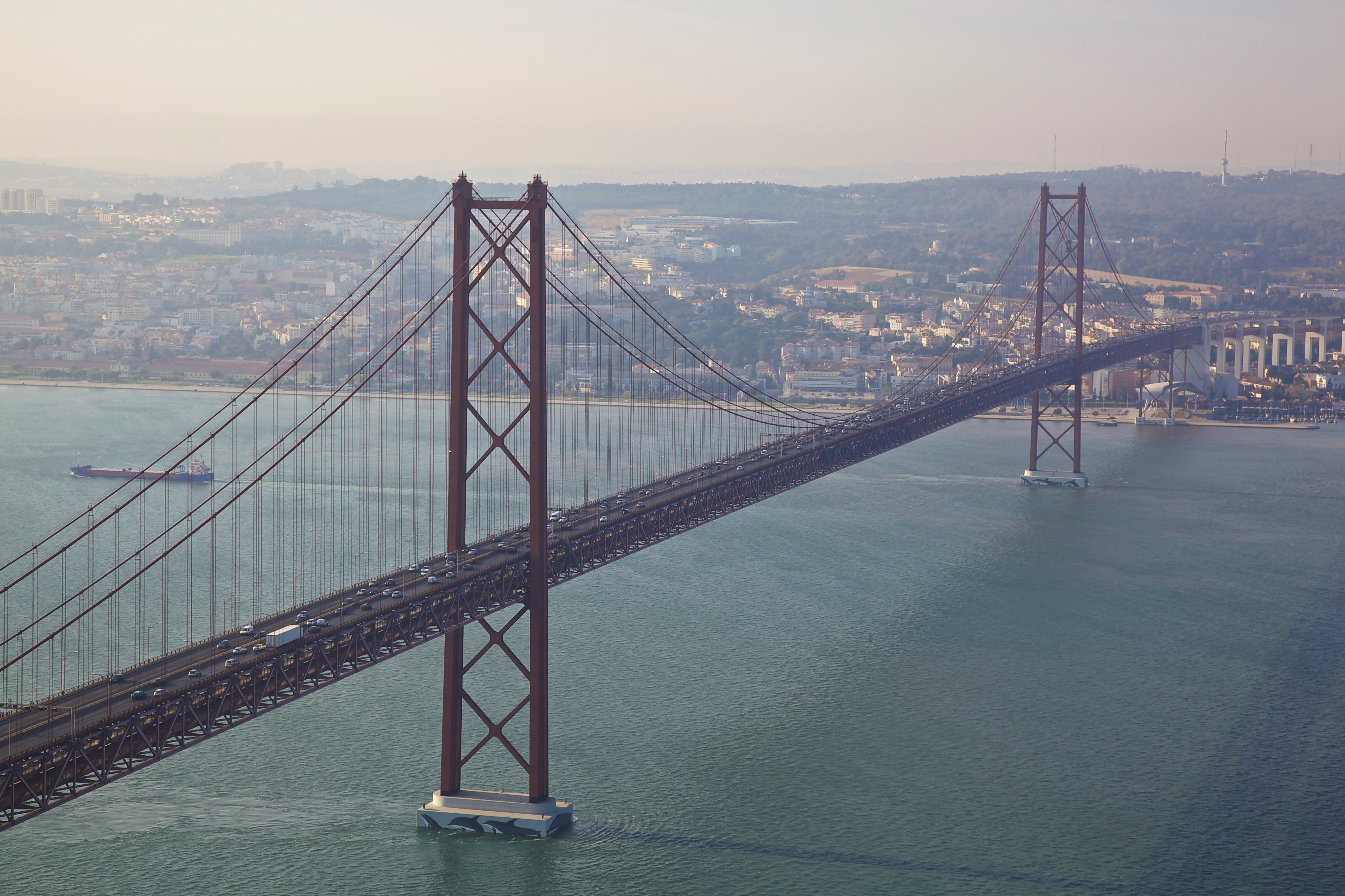 travel destinations, bridge - man made structure, building exterior, 25 de abril bridge, architecture, water, nature, engineering, connection, city, outdoors, HD Wallpaper