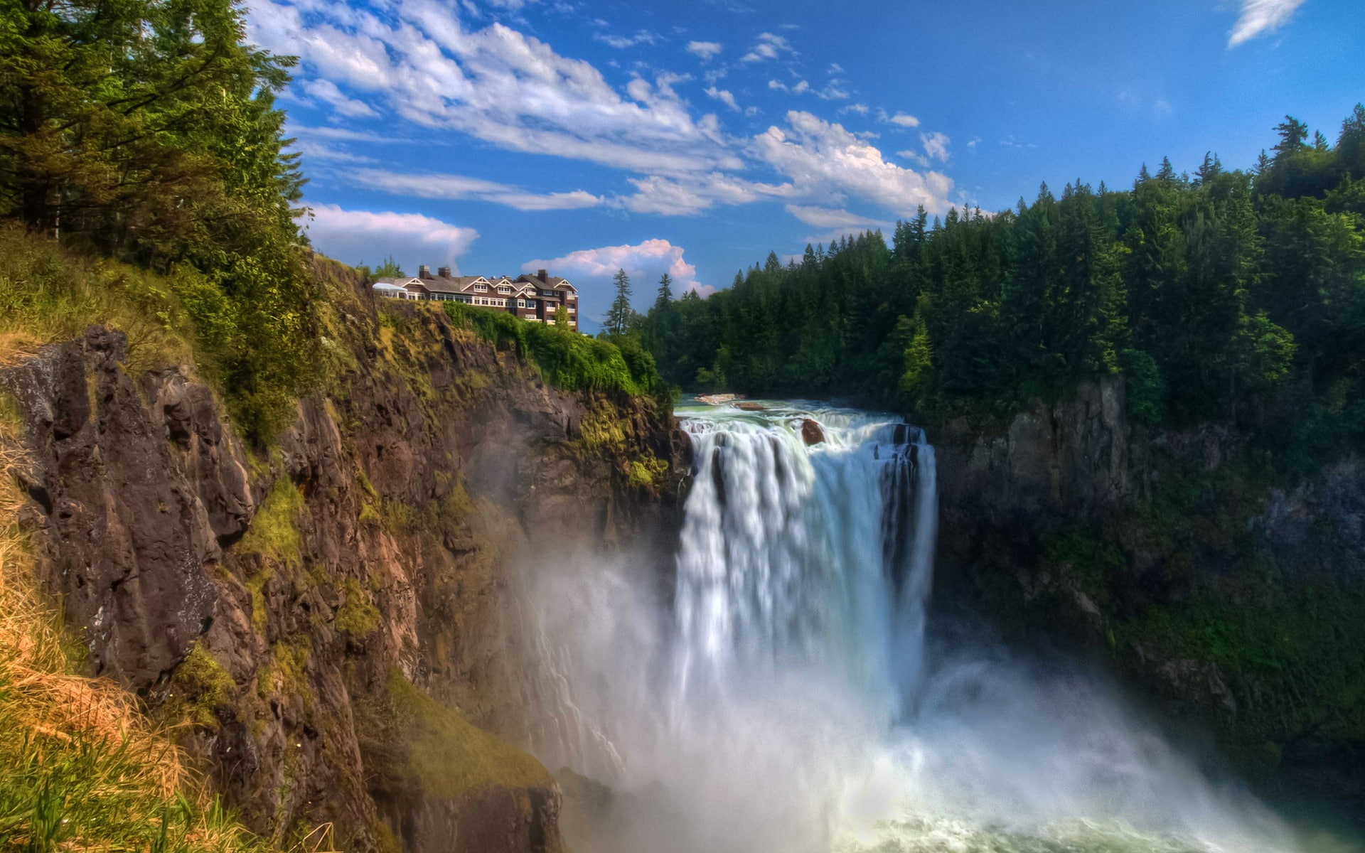 Falls, House, Cliff, Waterfall, Snoqualmie, 1080P, HD Wallpaper