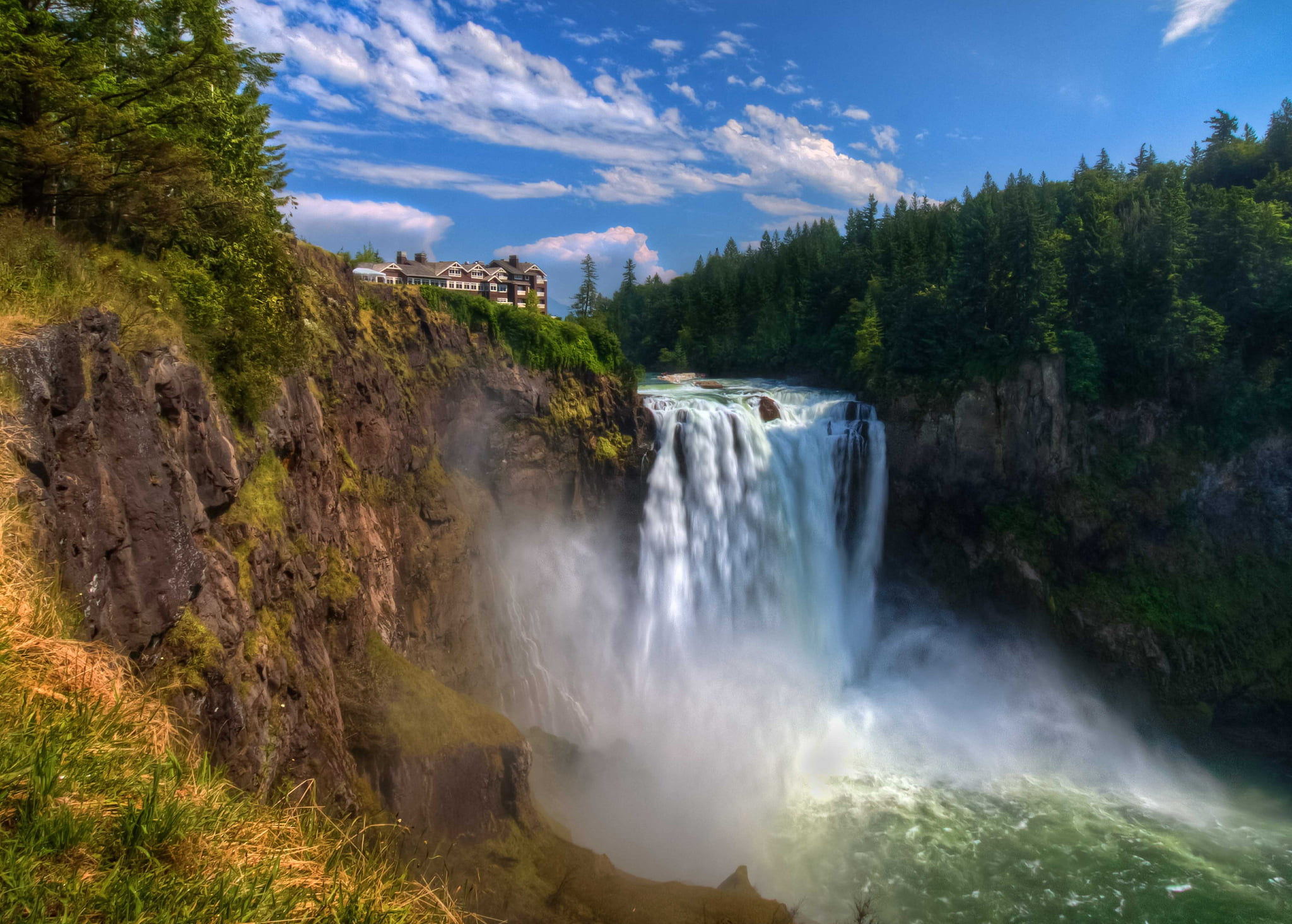 beauty in nature, outdoors, flowing water, plant, blurred motion, open, house, power, waterfalls, water, motion, falling water, tree, Snoqualmie Falls, HD Wallpaper