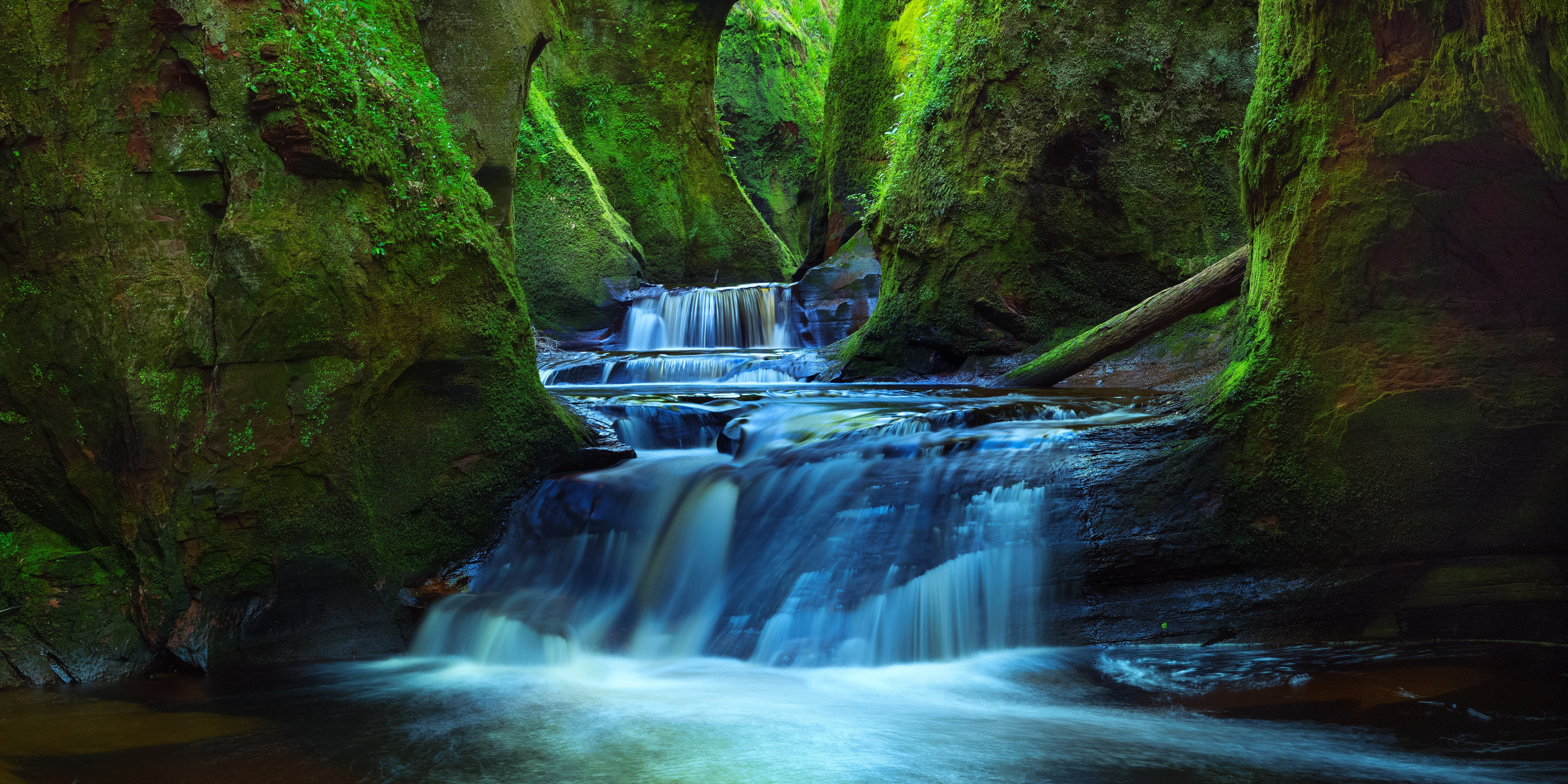 moss, Finnich Glen, waterfall, rocks, gorge, cascade, river, Stirlingshire, 4K, Scotland, HD Wallpaper
