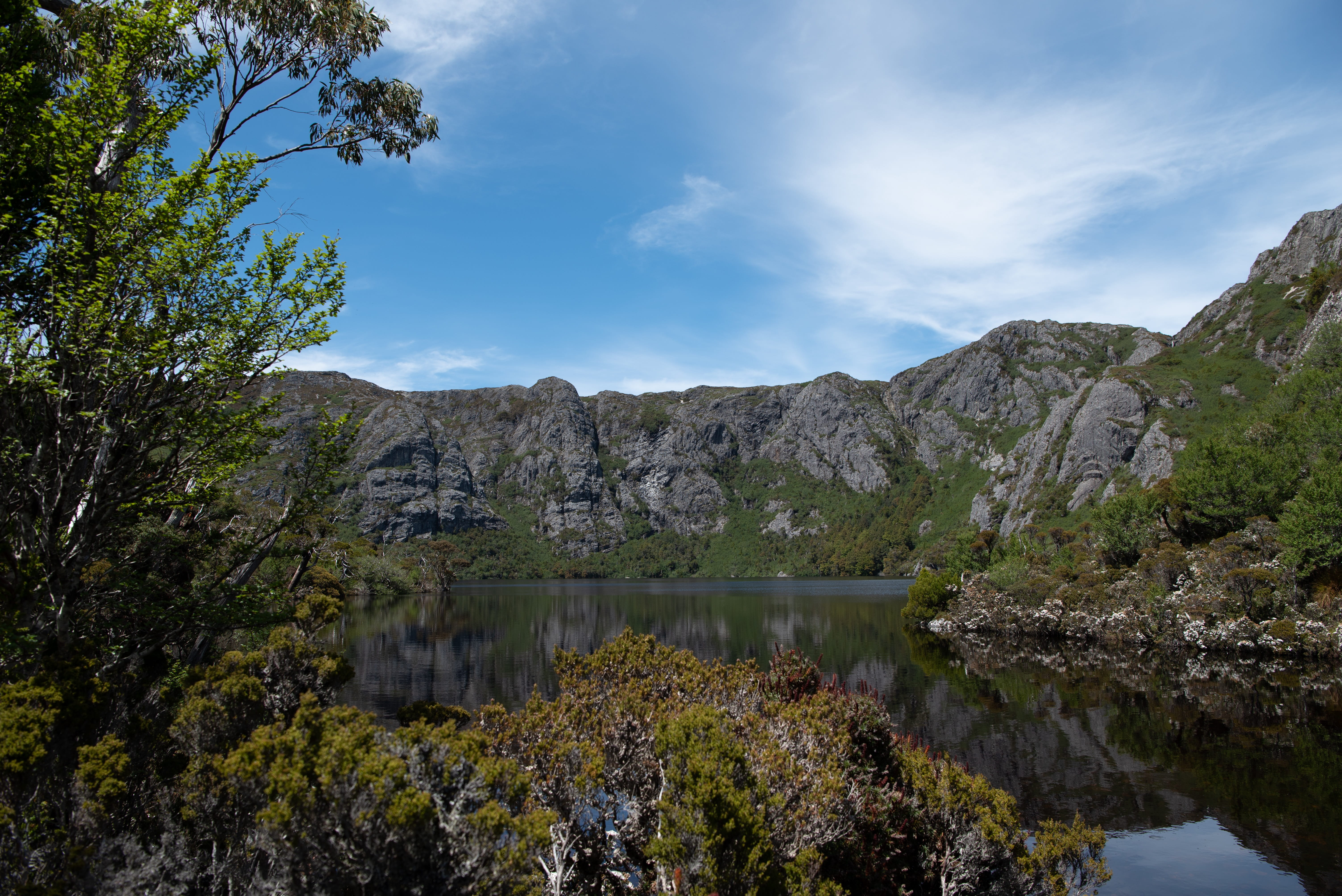 wilderness, rock - object, 5K, non-urban scene, tranquil scene, reflection, tranquility, formation, water, tasmania, tree, crater lake, outdoors, no people, HD Wallpaper