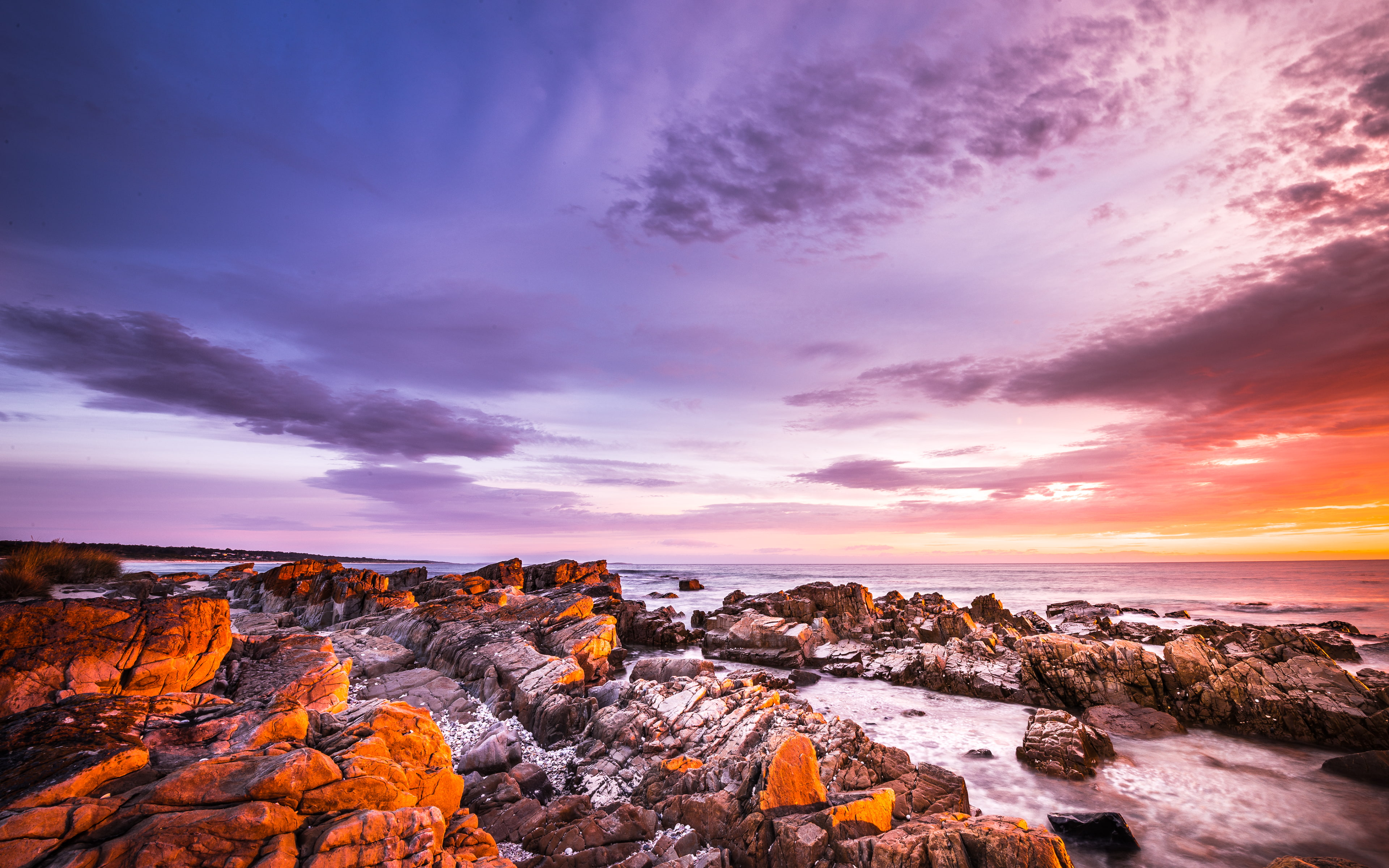 sunset, solid, orange, sea, fire, water, australia, beauty in nature, bayoffire, rock, rock - object, environment, 4K, horizon, coastal, landscape, rockycoastline, HD Wallpaper