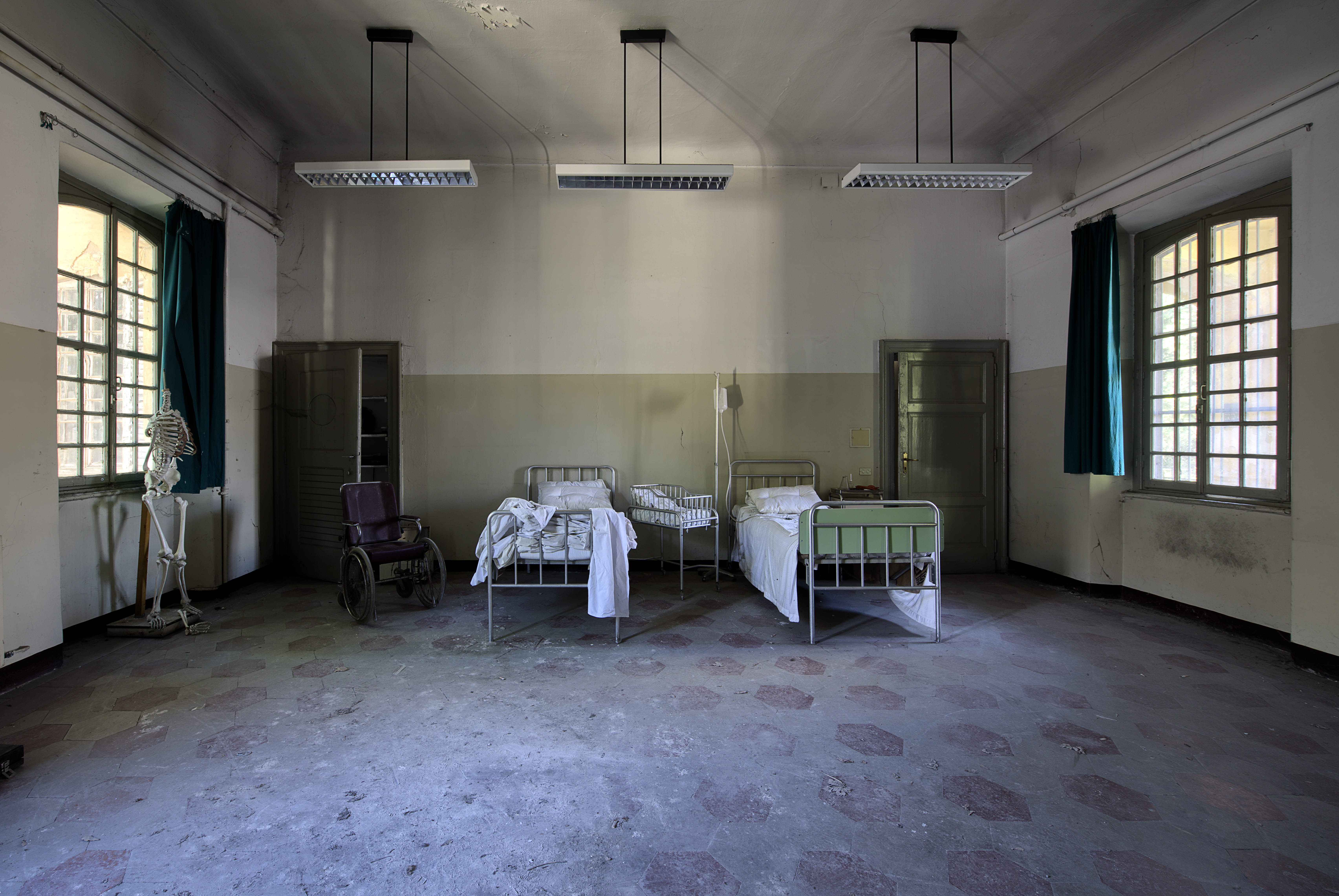 clinic, asylum, spacious, 5K, wall, white, tiled floor, flooring, window, day, interior, chair, table, dirty, entrance, empty, ward, no People, furniture, HD Wallpaper